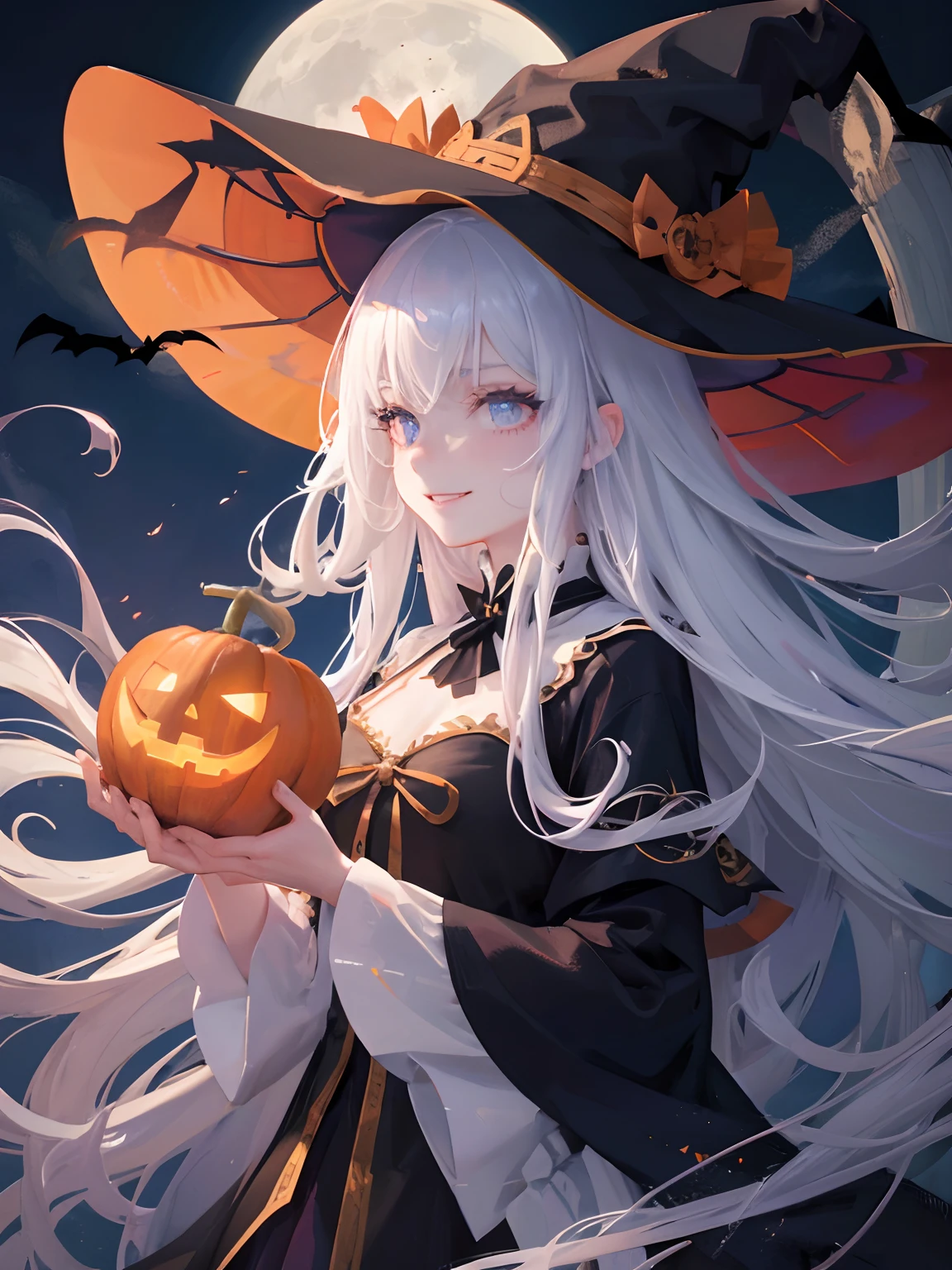 masutepiece, Highest Quality, (Perfect face:1.1), (high detailing:1.1), (ultradetailed eyes), Dramatic,  superfine illustration, Extremely detailed, 1girl in, (pale skin), long white hair, Ethereal eyes, (light eyebrow), Solo, Long hair, Pouty lips, Cinematic lighting, Halloween Witch, ((Lovely smile)),Wizard robes, Wizard Hat, Jack-o'-lantern, Night, moon lighting, BREAK, Halloween atmosphere,(Half-body image:1.5), ,