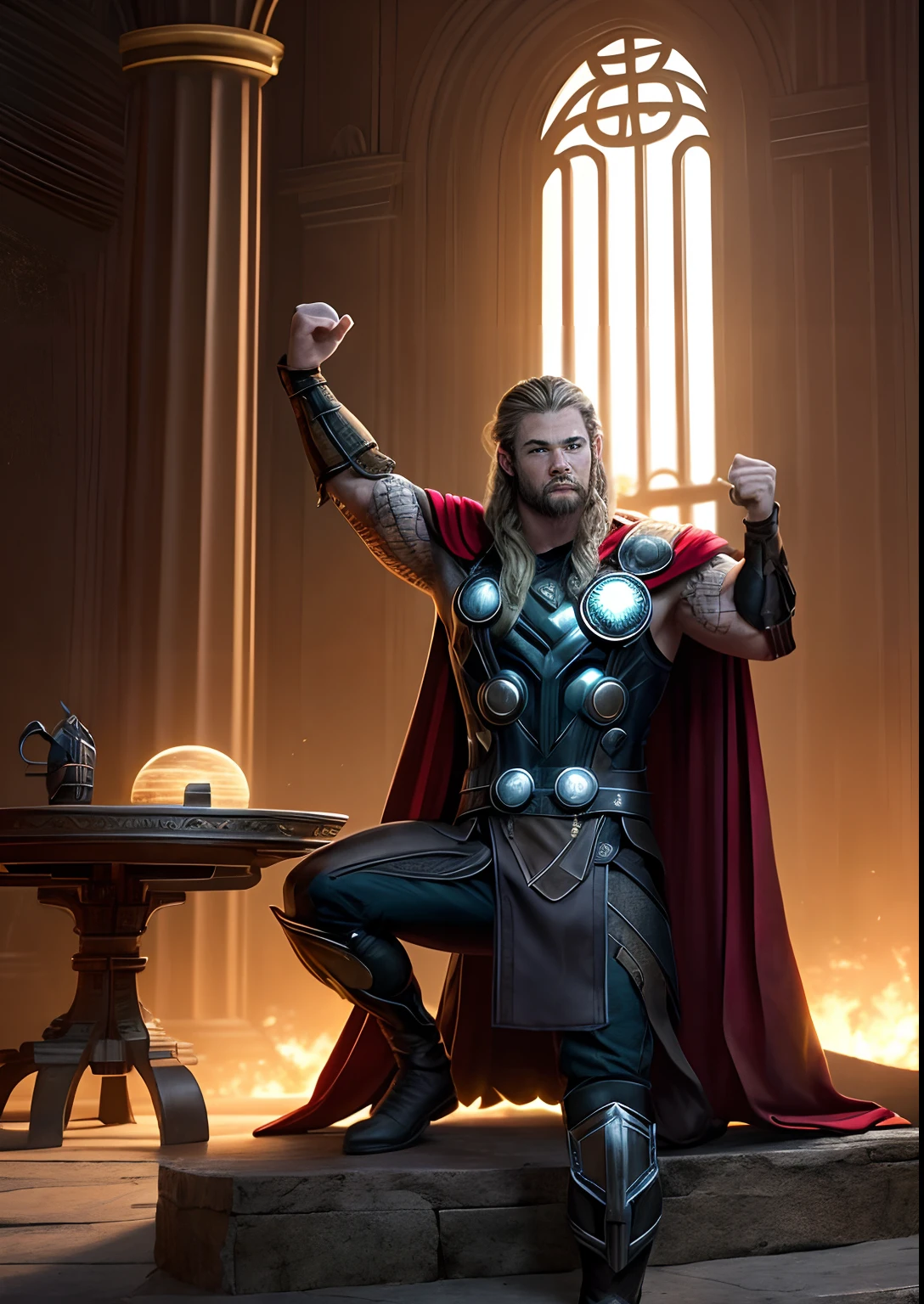 (fotorrealista), (dramatic), (fantasy render), arte conceitual, (tronco completo), (Vision 3/4:1.17), (estilo Thor steampunk), (((Thor Odinson|Chris Hemsworth, arms up))), brass: 1.3, metais, engrenagens, intrincado, envelhecido, (capa vermelha: 1.33), realista, volumeric lighting, fundo simples, obra-prima, centralizado