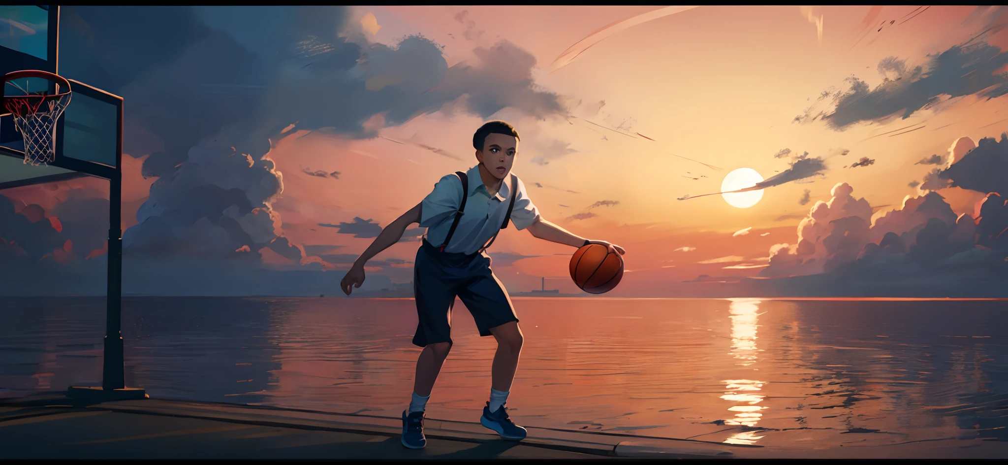 the sunset，eventide，Split head，Suspenders，basketball ball