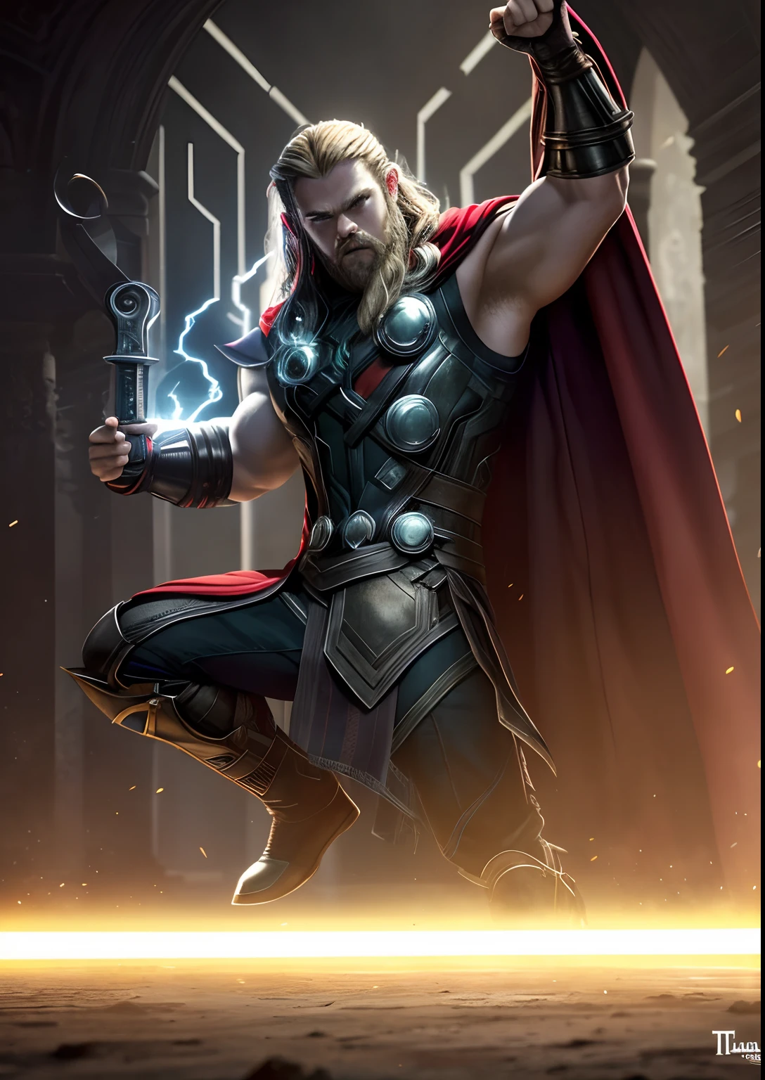 (fotorrealista), (dramatic), (fantasy render), arte conceitual, (tronco completo), (Vision 3/4:1.17), (estilo Thor steampunk), (((Thor Odinson|Chris Hemsworth, arms up))), brass: 1.3, metais, engrenagens, intrincado, envelhecido, (capa vermelha: 1.33), realista, volumeric lighting, fundo simples, obra-prima, centralizado