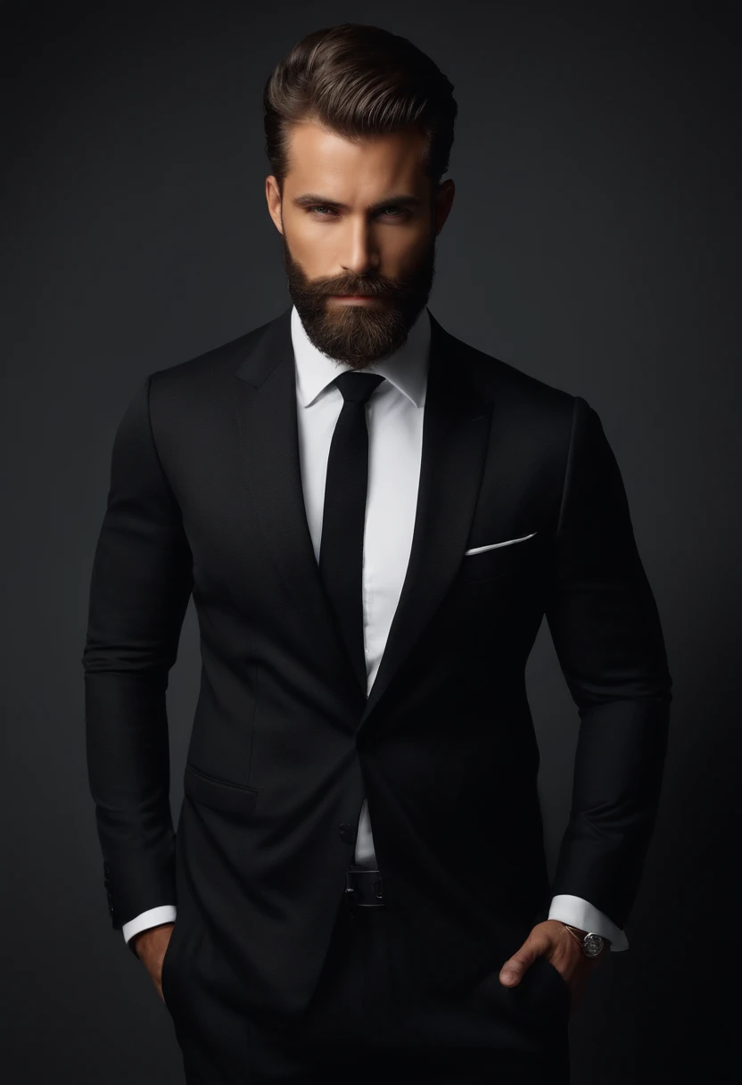 en haut、Faire un bel homme dans la trentaine toyally nu montrant son , PDG, cheveux et barbe bruns, (Homme en costume noir et cravate), ), (Utilisez une barbe,) Attractive and serious look, cheveux noirs courts, Elegant and elegant, Shave Tightly Fitting in Suit and Strong Body, (highly quality, Realistic images), Dark and light black on image background, Style de film, ((premier quality, 8k, шедевр), Ultra High Definition Photo, (Beautiful detailed faces, detail skin texture, Hyperdetailed body:1.1)