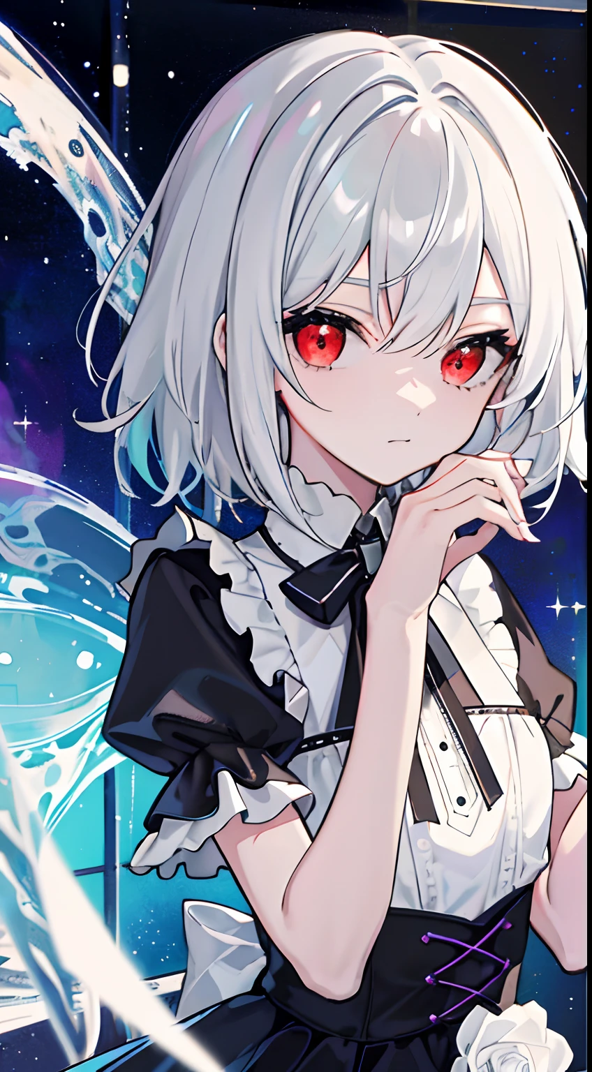 realisticlying，（tmasterpiece，top Quority，best qualtiy，offcial art，Beauty and aesthetics：1.3），The is very detailed，s fractal art，Extremely colorful，Most detailed，（abstract backgrounds：1.2）（1girll：1.3），Gothic，Lolita prostitute，Silvery-white hair,Red eyes,Shy,Comb back,short detailed hair,dream magical,Black trim,beautiful detailed sky,(NSFW:0.8)Delicate reflective high glass guardrail panel