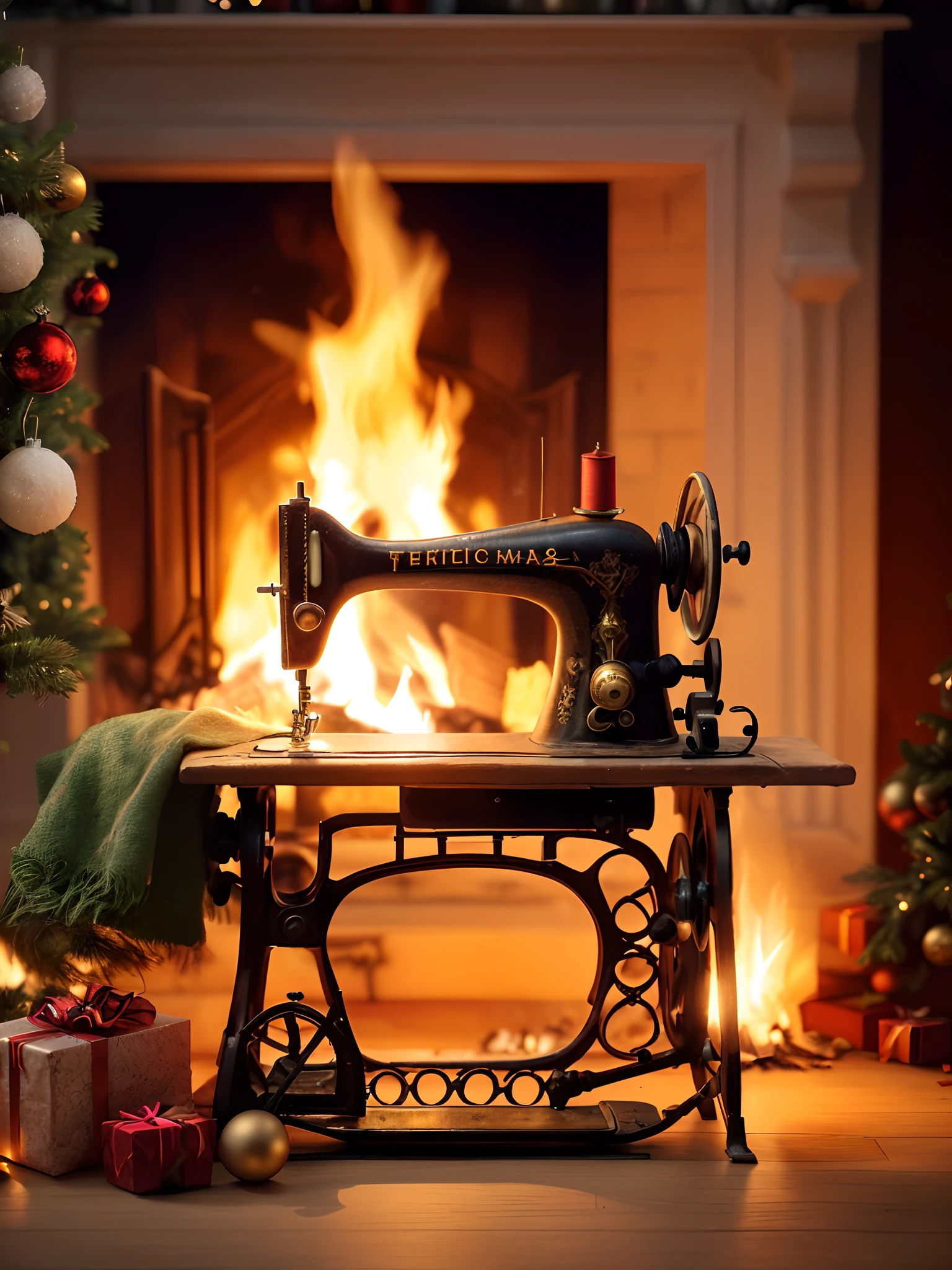 Create a warm and inviting Christmas card set in front of a crackling fireplace. Place a well-loved antique sewing machine in front of the fireplace, with a piece of soft red velvet fabric on the machine and a golden sewing needle gently inserted. The composition should evoke warmth, tradition, and the comfort of home, setting the stage for the 'Frohe Weihnachten' greeting. The warm glow of the fire should illuminate the scene, and the antique sewing machine and Christmas garland should be the most prominent features.