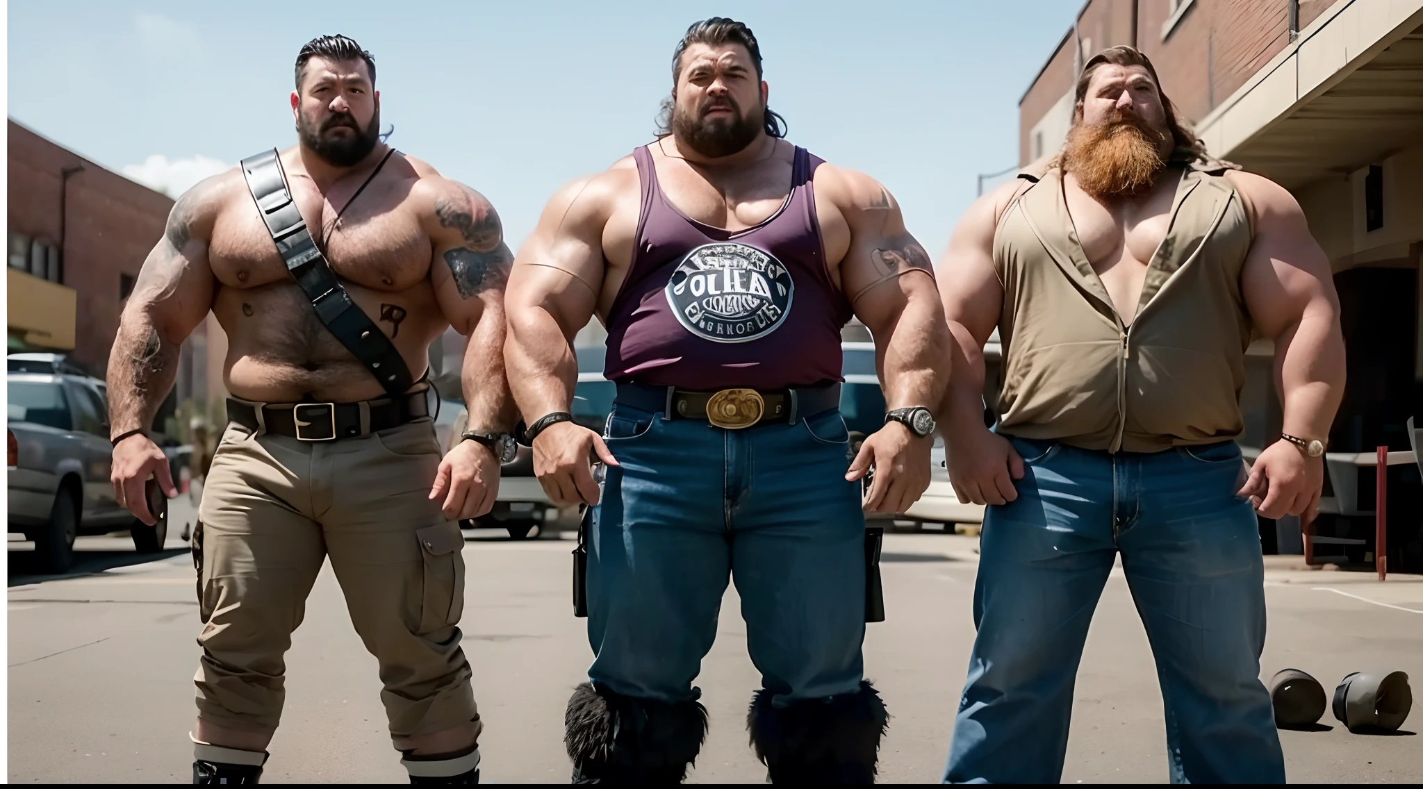 three men in costumes are standing in a parking lot, muscular characters, three hairy fat cave people, serious sam as smash characters, heavy looking, thicc, movie screen shot, strongman, manly monster tough guy, wwe, muscular!!, movie screencap, big arms, heavy vignette!, movie screenshot, shot from movie, big muscles, screenshot from a movie, realistic image, 16k resolution, very fat men, serious face