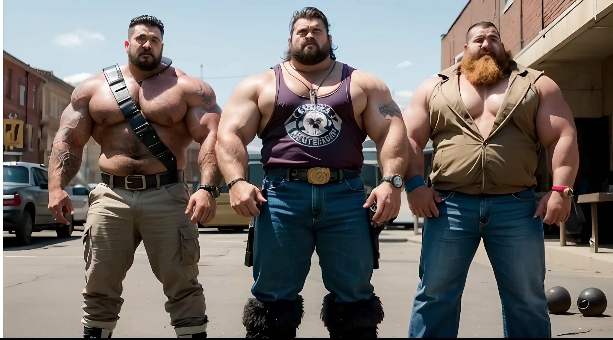 three men in costumes are standing in a parking lot, muscular characters, three hairy fat cave people, serious sam as smash characters, heavy looking, thicc, movie screen shot, strongman, manly monster tough guy, wwe, muscular!!, movie screencap, big arms, heavy vignette!, movie screenshot, shot from movie, big muscles, screenshot from a movie, realistic image, 16k resolution, very fat men, serious face