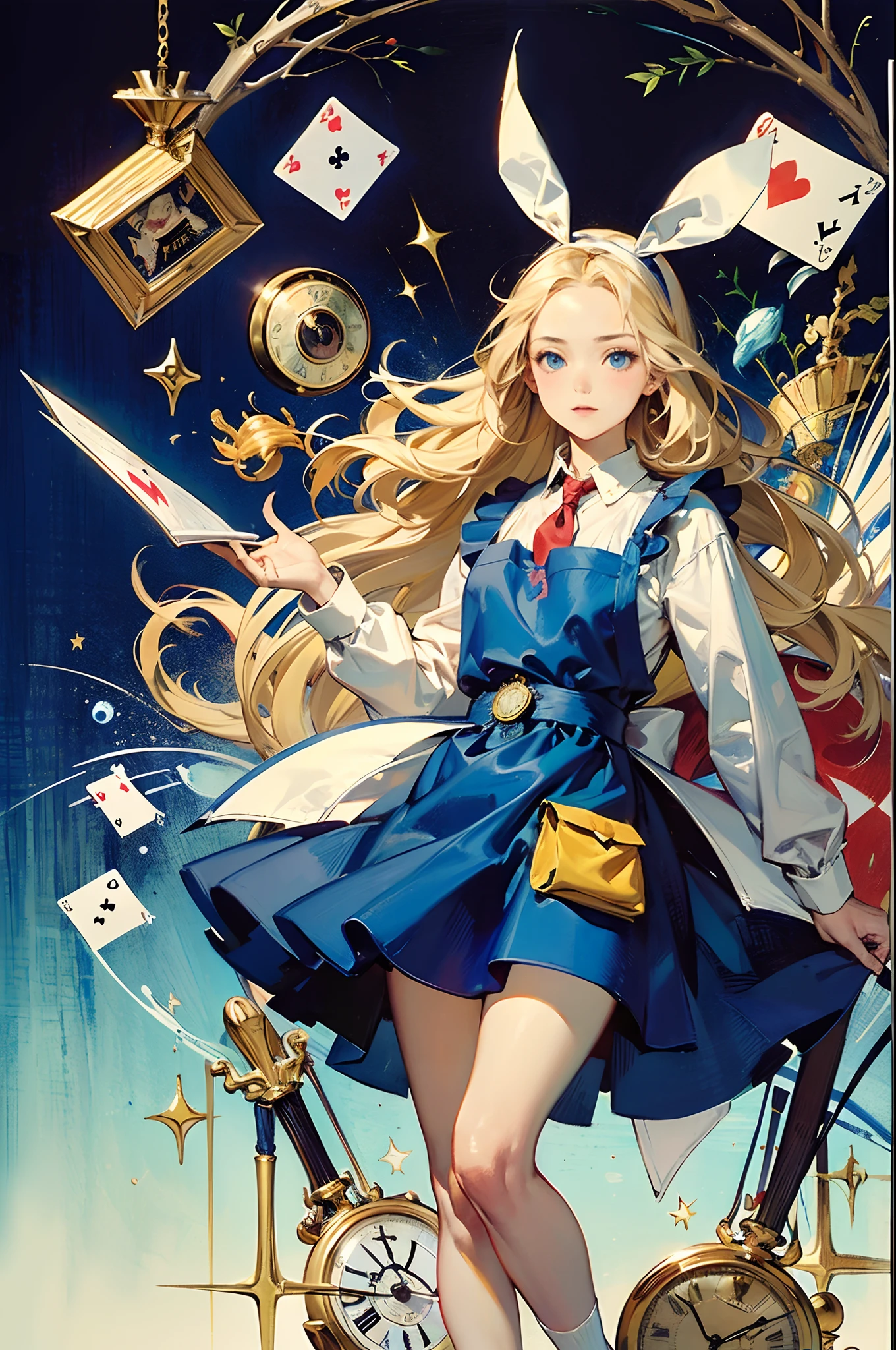 (masuter piece、top-quality、Mystical、Beautifully Aesthetic、offcial art、Impresionismo、von gogh:1.2)、(1 girl in:1.3)、(Fractal Art:1.0)、shinny skin、patterns、(alice in the wonderland:1.2)、(bunny rabbit、PlayingCards、tea cup、pocket watch:1.3)、(Tie your hair with a ribbon、Blue Dress、a miniskirt、beauty legs、White Apron、white sock、platinum-blonde、Blue eyes)、Exotic wallpapers、highly colorful、Abstract background、Fantastical