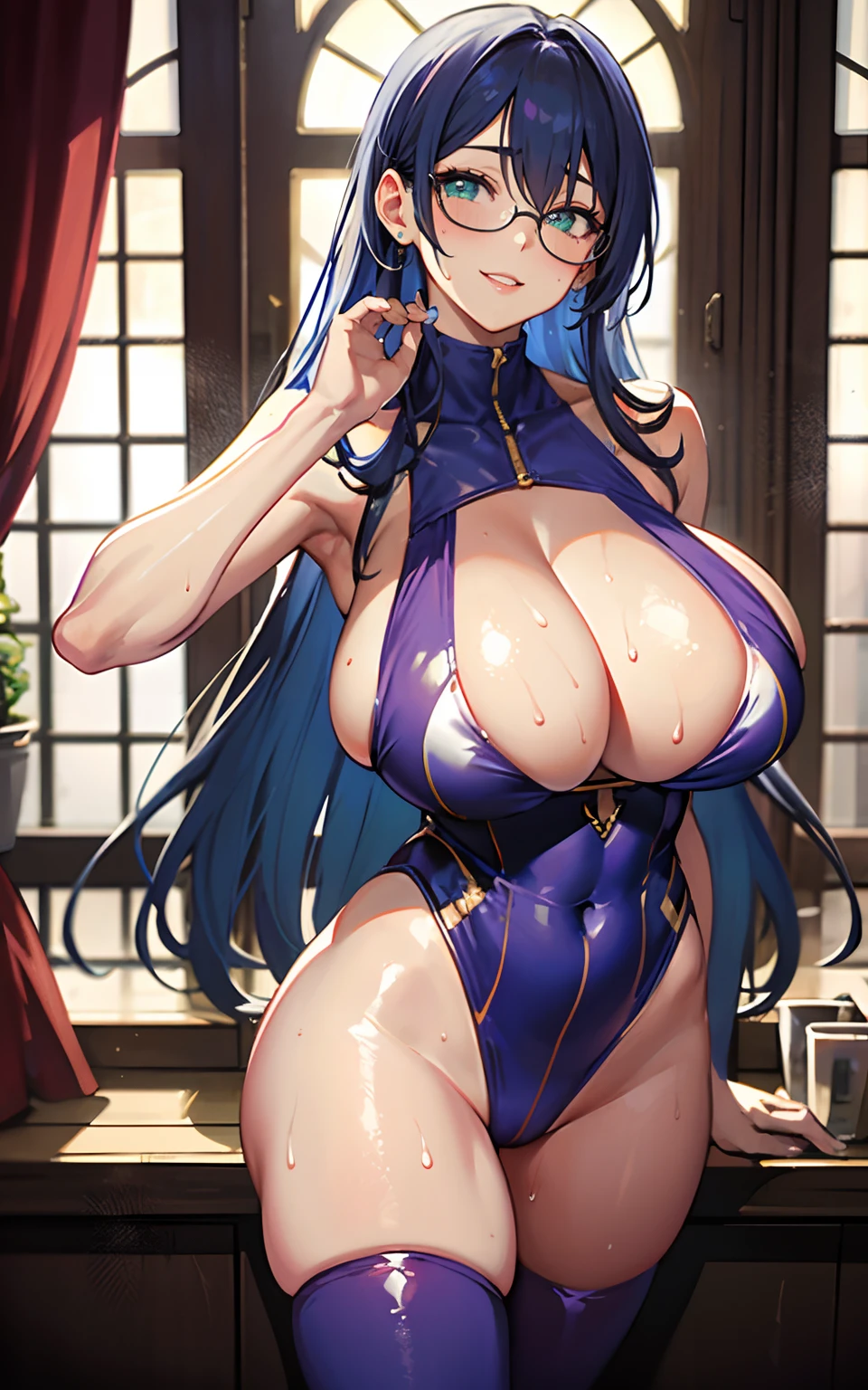Masterpiece, Best quality, Asaki, 1girll, Breasts, Solo, Sweat, purple leotard, Large breasts, cleavage, Smile, shades, view the viewer, hand on hips, Blush, Huge breasts, Blue hair, Long hair, bangs, hair between eye, Green eyes, Night, huge tit, Fitness model, perspire, Sweaty