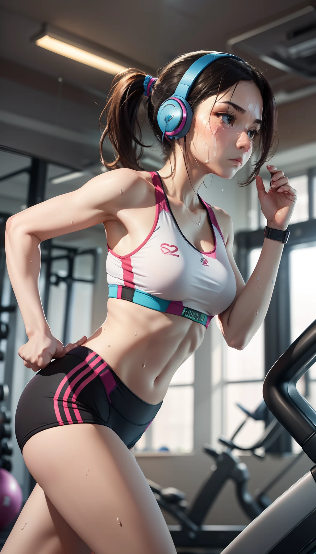 Here is the prompt in English for your painting AI: A young woman running on a treadmill: 1.4 (Fitness center) (Sweat on face, ((concentrated expression))) (Running shoes, workout clothes) (Heart rate monitor on arm) (Music player in hand) ((Masterpiece)), highly detailed, absurdres, ultra-detailed unity 8k wallpaper --auto --s2