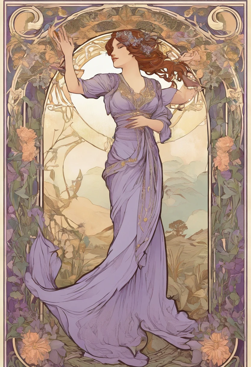 8K.Poster illustration in Alphonse Mucha style, Flat painting, Beautiful western woman in lilac ankle-length long dress, Emmawatoso, holding a bouquet of white water bamboo, Full body like, slenderbody, barefoot,Art Nouveau, water bamboo in the background, Alphonse Mucha, high details