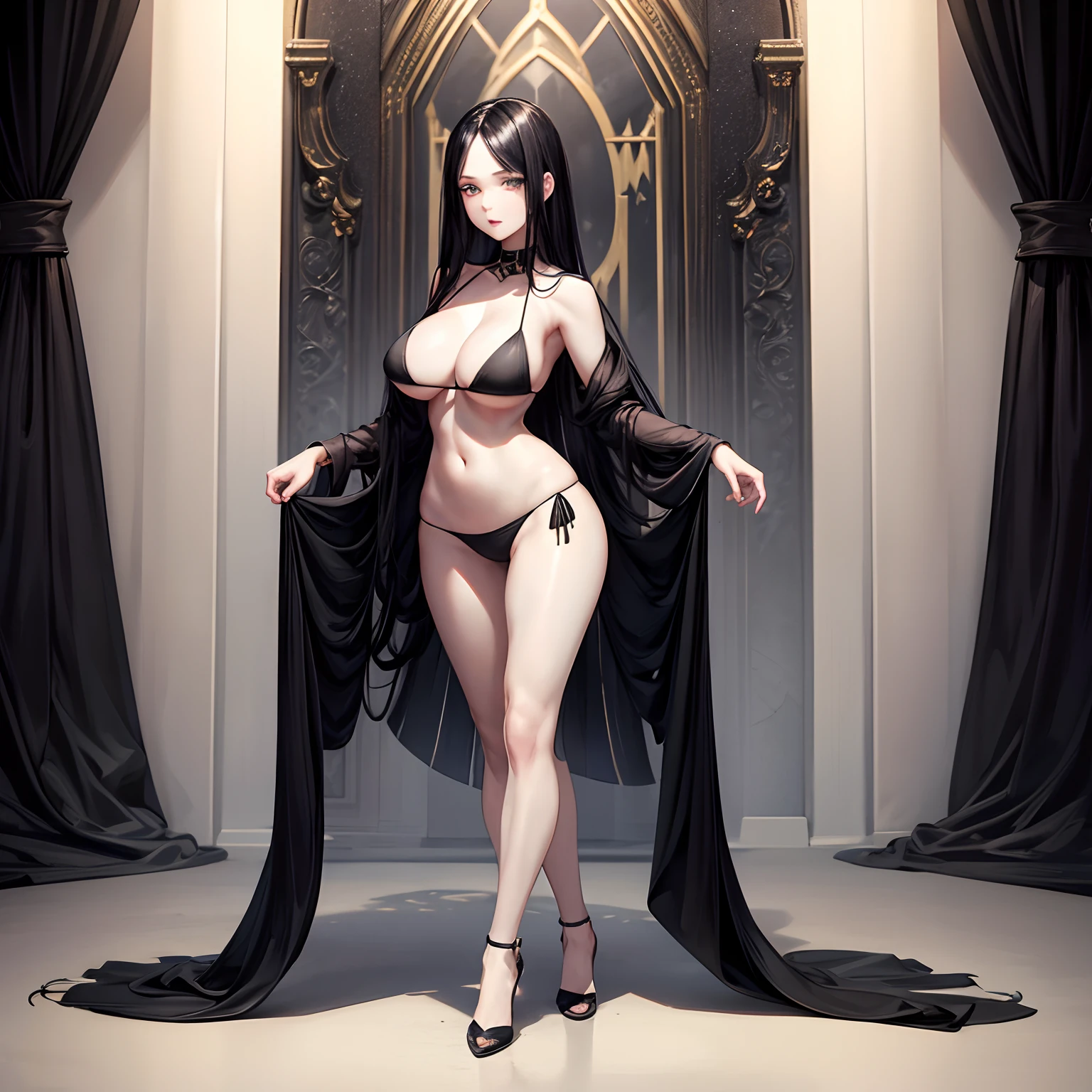 Full body portrait of a young woman with pale skin, long black hair, green eyes, slender figure, large breasts, wearing a black bikini