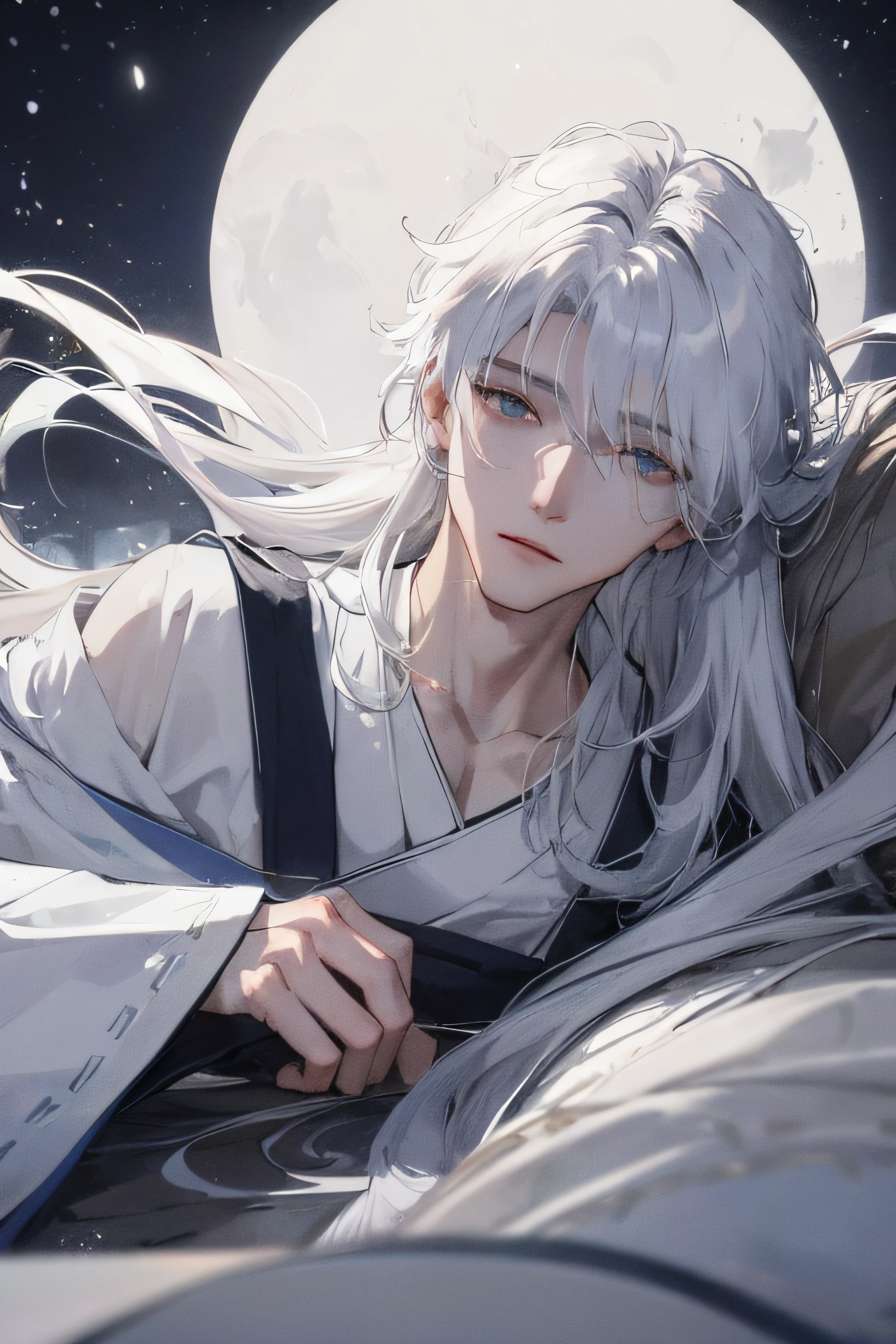 Masterpiece，Best quality，soio，White-haired fox，fox ear，Blue and white Hanfu，Immortals，solo person，Gray eye，mature，Handsome，male people，Lie down，sleep，Loose hair and clothes，Comfortable nights，Exquisite facial details,Dark background，the night，a sense of atmosphere，snow landscape