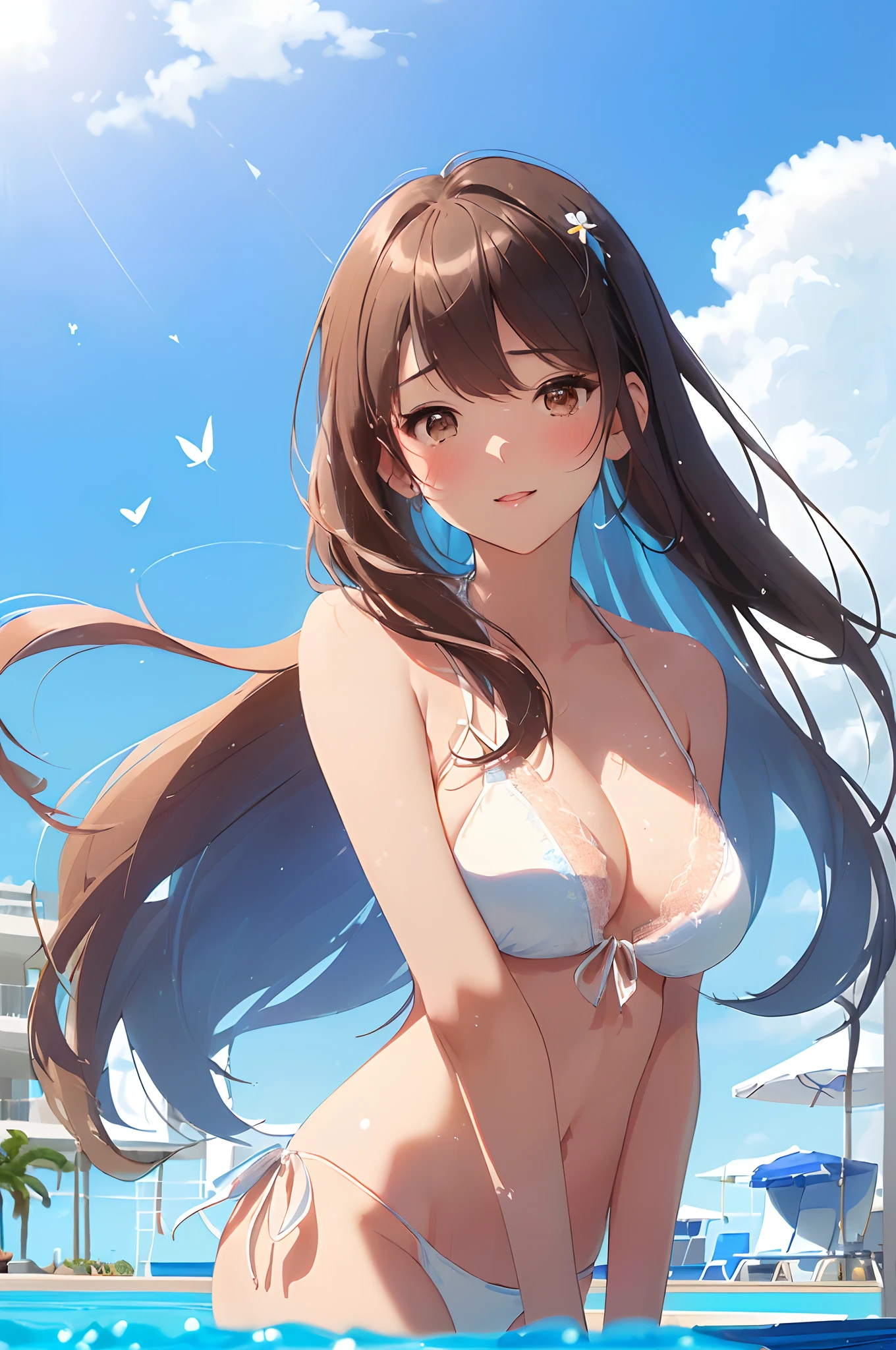 top-quality、​masterpiece、(1 adult female:1.3)、(Soft bust:1.2)、Natural big、Chest thrusting pose、slender、(Thin and simple white lace bikini swimsuit:1.2)、Brown hair、(Hair is tied back)、(Hair fluttering in the wind:1.3)、Azure eyes、(White highlights of the pupil)、(Look at viewers:1.2)、de pele branca、red blush、A slight smil、(Blue summer sky:1.3)、1 contrail、(Avoid the background around the upper body:1.3)、(Blur the background a lot to make the woman stand out:1.3)、(Beautiful background by the pool on the beach:1.3)、(Beautiful summer flowers)