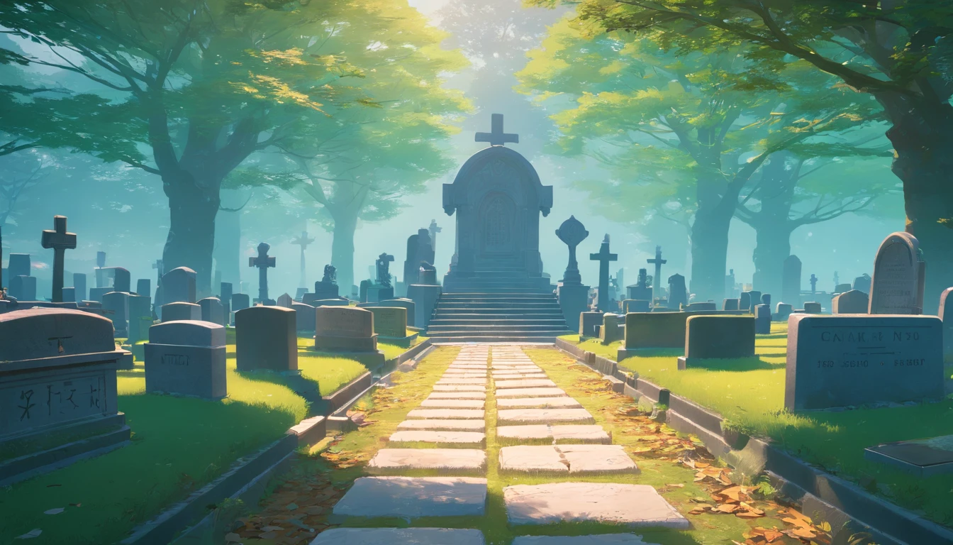 There is a cemetery, a gloomy cemetery with fog by craig mullins, japangraveyard cemetery old, graveyard moss, tombstones, rows on graves, single build,(((high quality))),highly_detailed,extremely_detailed_CG_unity_8k_wallpaper,illustration,highres,absurdres,architecture, tombs, cemetery, japanese cemetery, graveyard, hakaba, 1 point perspective, beams of light, (intricate details), (hyperdetailed), 8k hdr, floor view, ((ground view)),  colorido (imagem vivida)