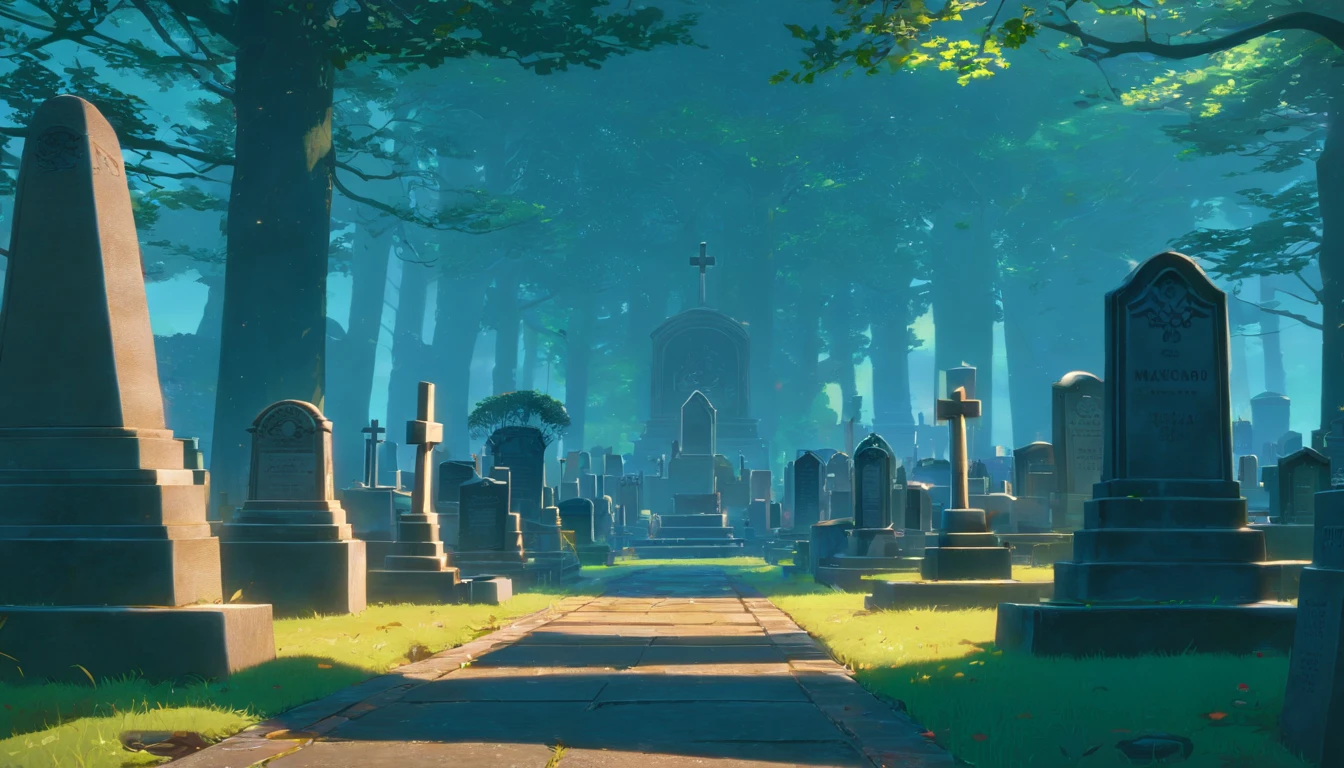 There is a cemetery, a gloomy cemetery with fog by craig mullins, japangraveyard cemetery old, graveyard moss, tombstones, rows on graves, single build,(((high quality))),highly_detailed,extremely_detailed_CG_unity_8k_wallpaper,illustration,highres,absurdres,architecture, tombs, cemetery, japanese cemetery, graveyard, hakaba, 1 point perspective, beams of light, (intricate details), (hyperdetailed), 8k hdr, floor view, ((ground view)), colorido (imagem vivida)
