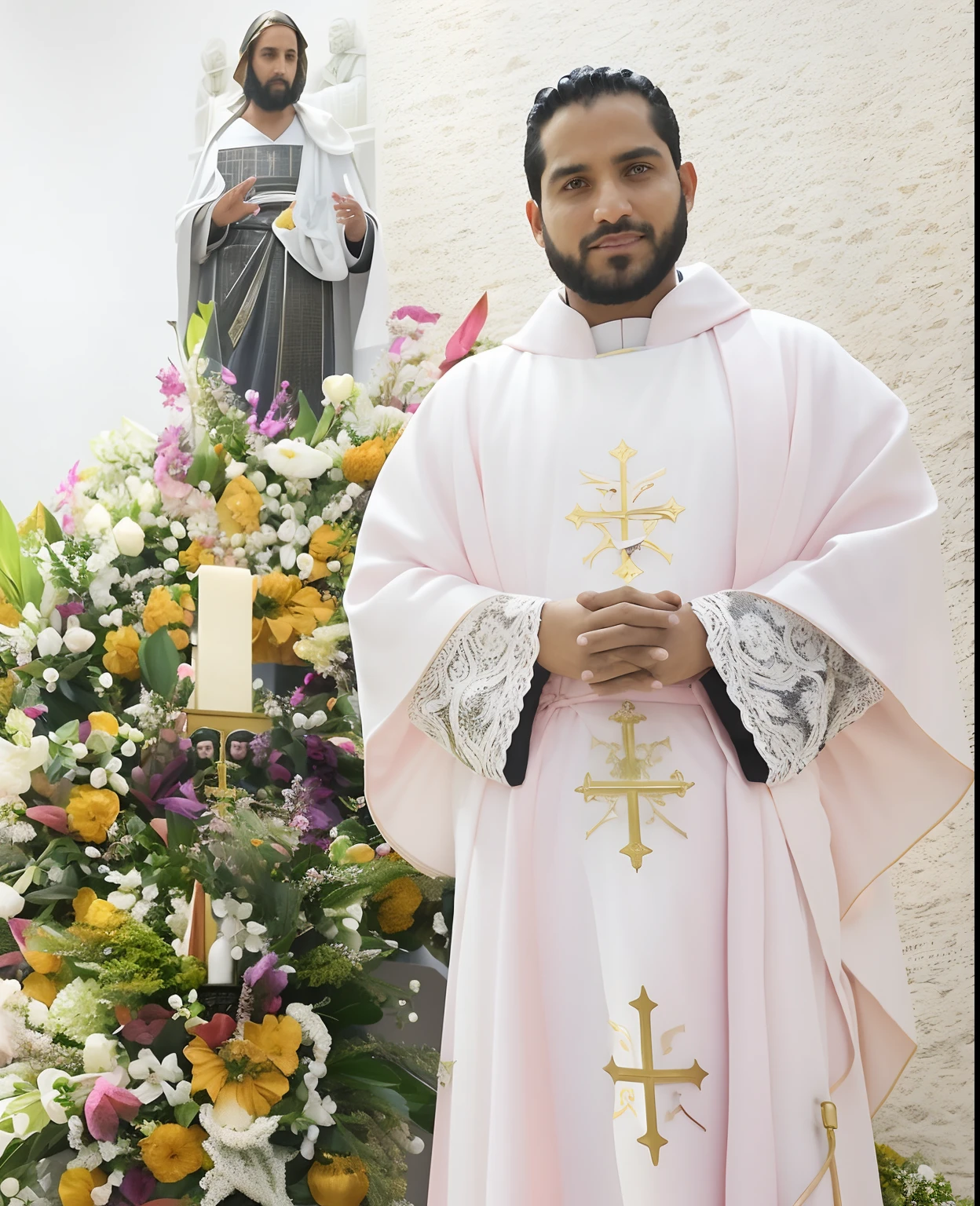 Man in a pink priest's robe in front of a statue of Jesus, Solis Sacerdotibus |, em frente ao altar, religión, Salustiano Garcia Cruz, Rosemary Ressendi, bispo do rosario, Carmelo Blandino, bartolome ros, no altar, he is! cerca de 3 0 anos de idade