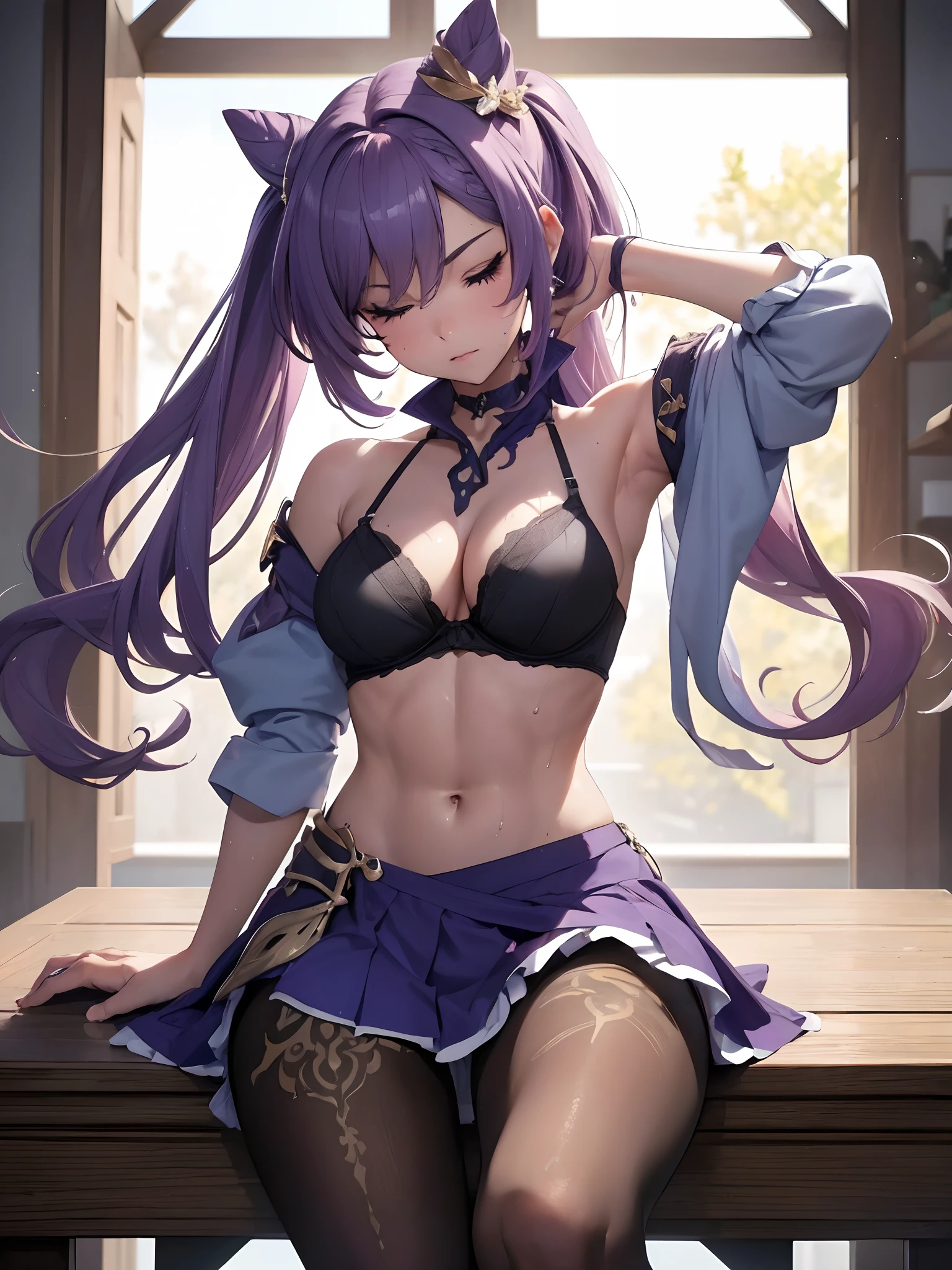 ((top quality, 8k, masterpiece: 1.3, ultra hd, high quality, best quality, high definition, realism)), sharp focus: 1.5, Beautiful girl with thin and skinny body, small breast, , purple hair, purple eye color with light gradations, Erotic face expression, Mouth open slightly, Both eyes closed slightly, Sweaty wet body, torn clothes, bra fell off, No bra, Small breast, Abs, Abdominal muscles, Erotic pose on a chair, bewitching thighs, Armpit, Cleavage, Camera angle from below shows her pubic, The pubic shape is clearly visible, Both legs opened wide showing her pubic, pubic hair, bewitching Thighs, no stocking.