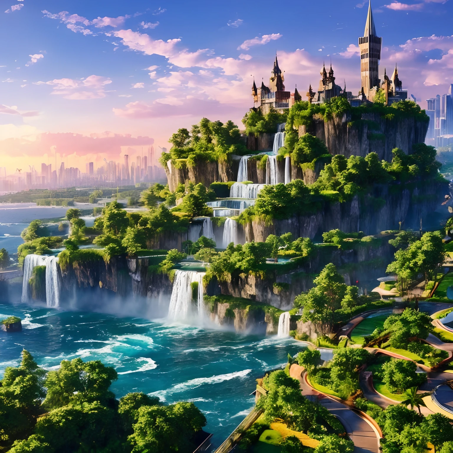 Huge castles and skyscrapers floating in the sky Cyberpunk Isekai Fantasy Top Quality Ultra High Definition Utopia 8K Giant Waterfall Mother Nature