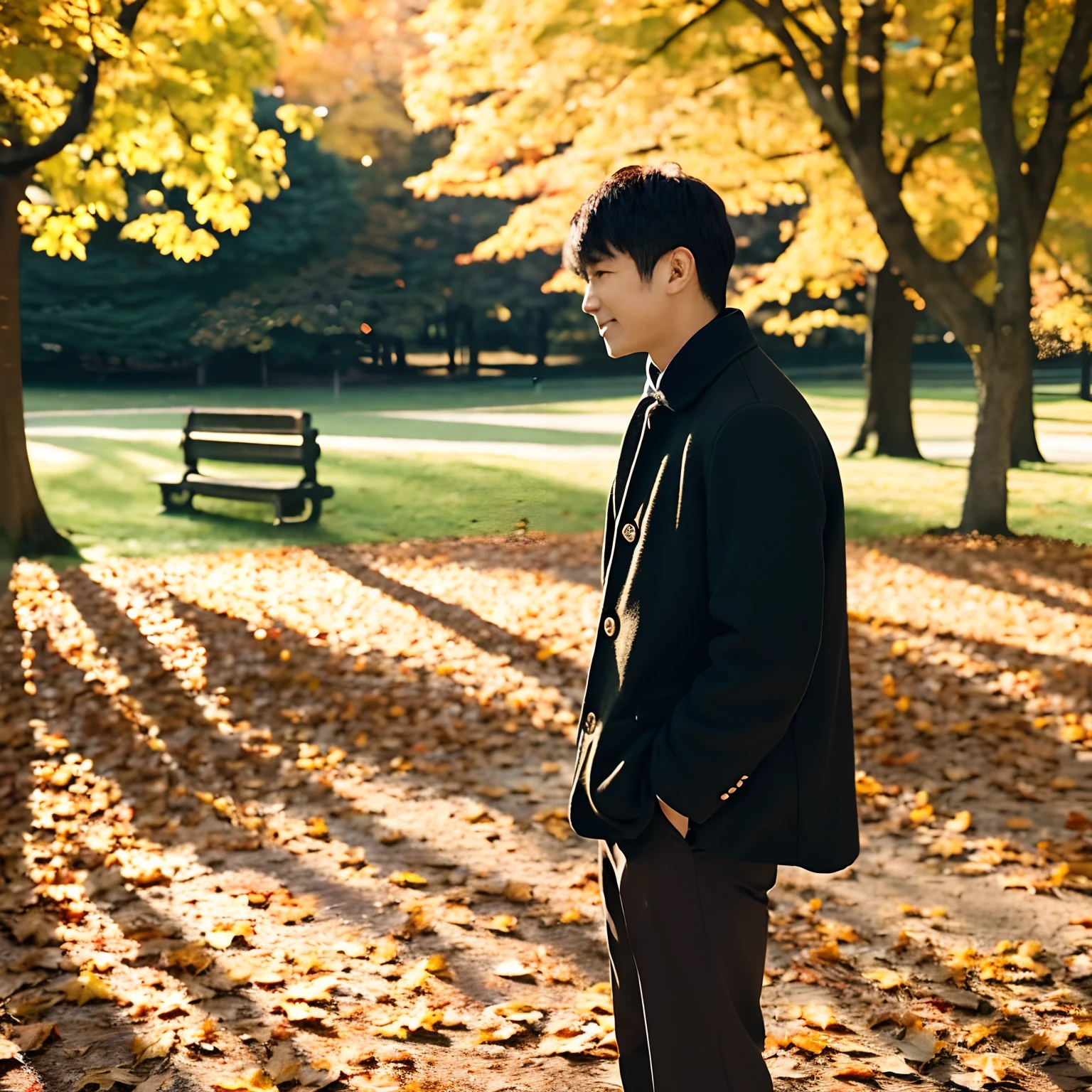 Ayumu Goromaru、A slightly muscular short-haired man on a date in a park with autumn leaves