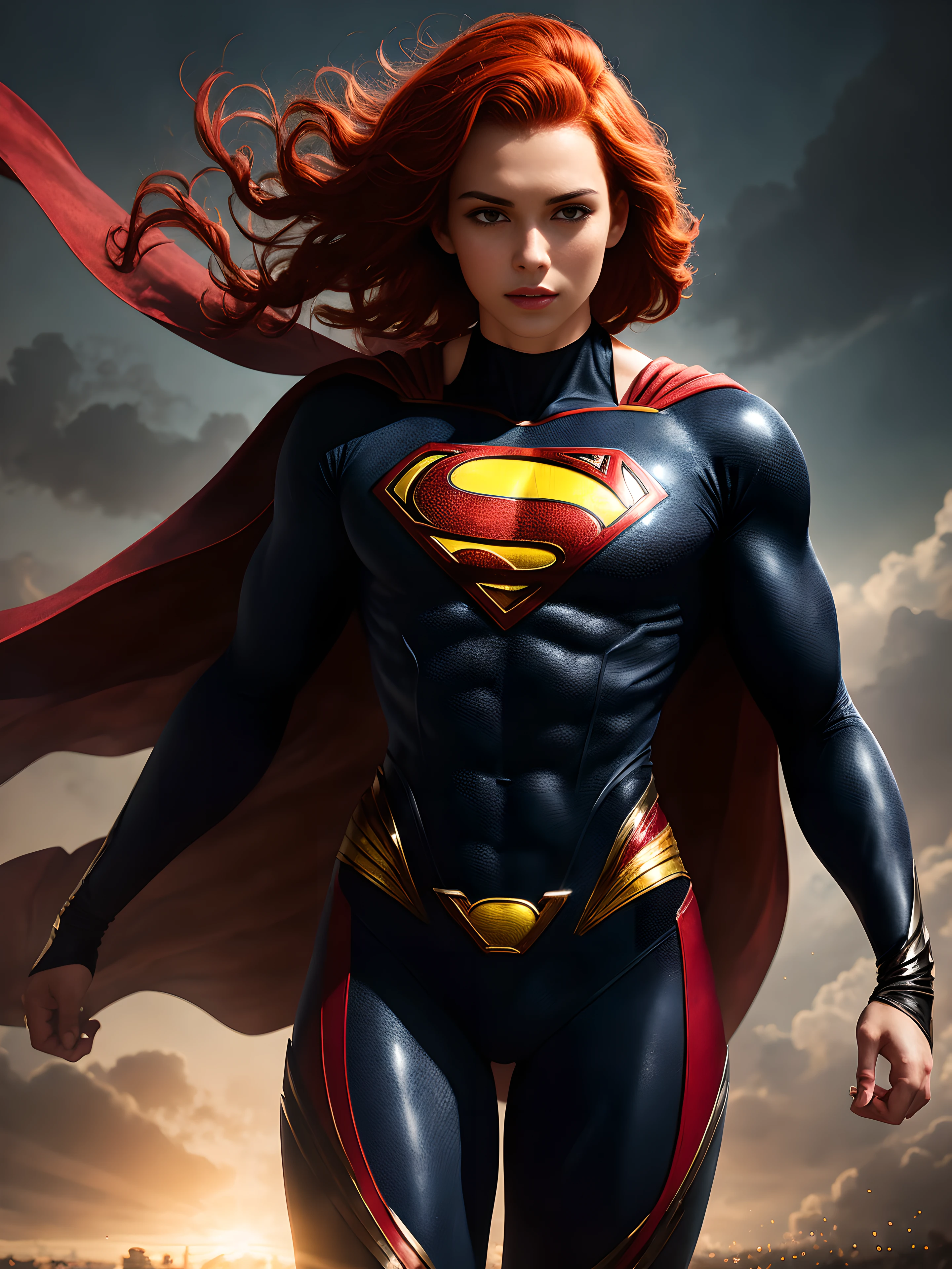 A 20-year-old girl with red hair in an elaborate black long-sleeved Superman costume, covering the whole body, red chestcoat, Black Superman Costume, Suit with red carbon fiber details, flying in the sky, thigh gap, (intricate details:0.9), (HDR, hyper-detailing:1.2), (natural skin textures, hyper realisitc, Sharp)