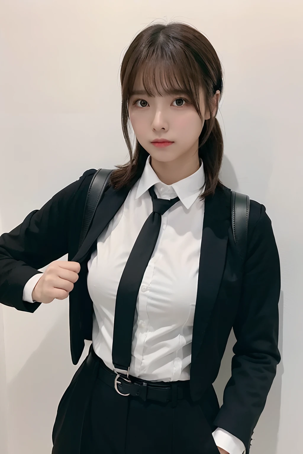 masterpiece、flat-colors、depth of fields、lens flare 1 girl、、Brown hair、watching at viewers a belt black suspenders Social OL huge-breasted Armpit sweat perspiring Side of both hands walls: Black Suit Black pants, Black jacket holster arm Leg holster Gaze No tie tiarra No bangs Small face