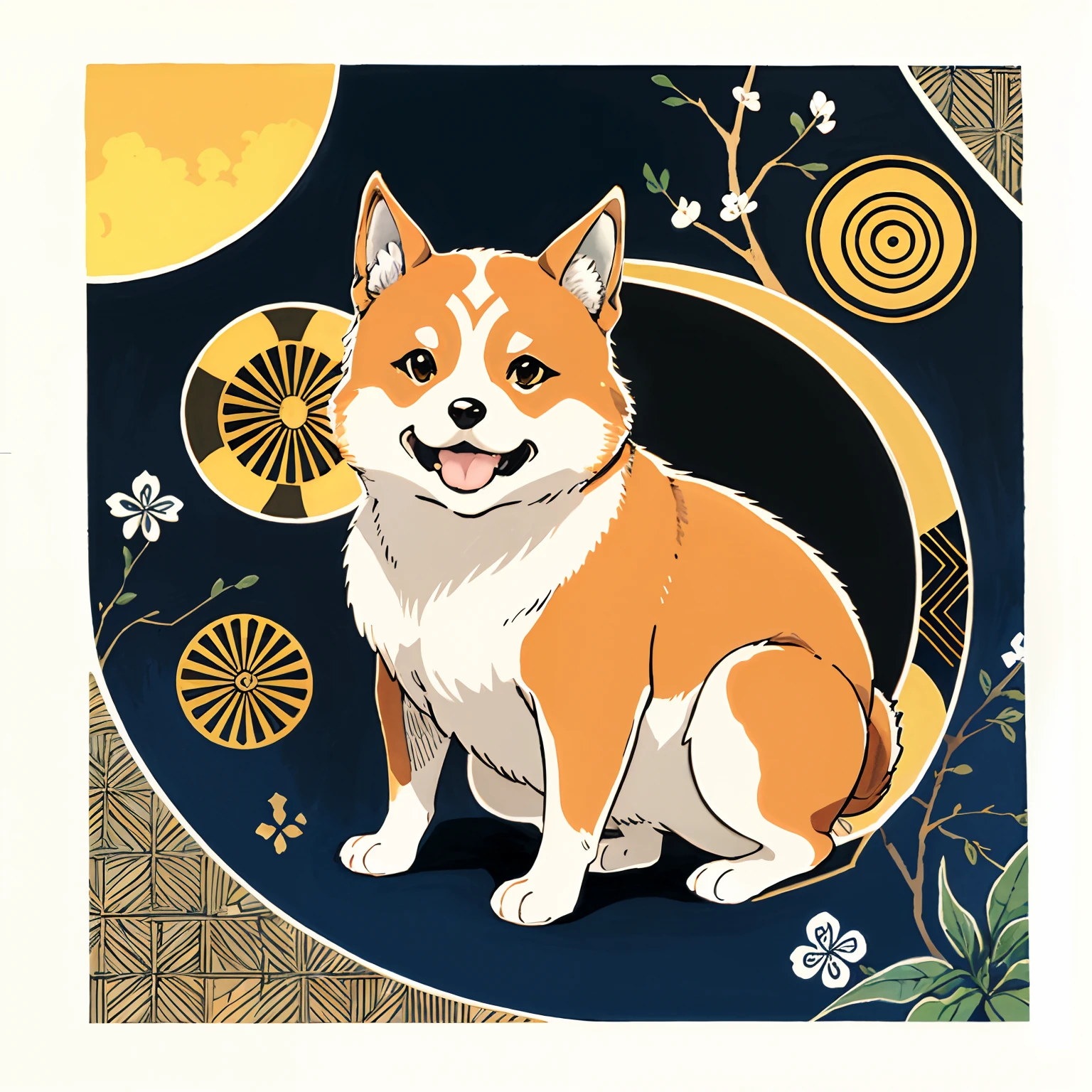 Copic marker illustration in a Japanese manga style of a Shiba Inu, mimicking the pose of a Maneki Neko,