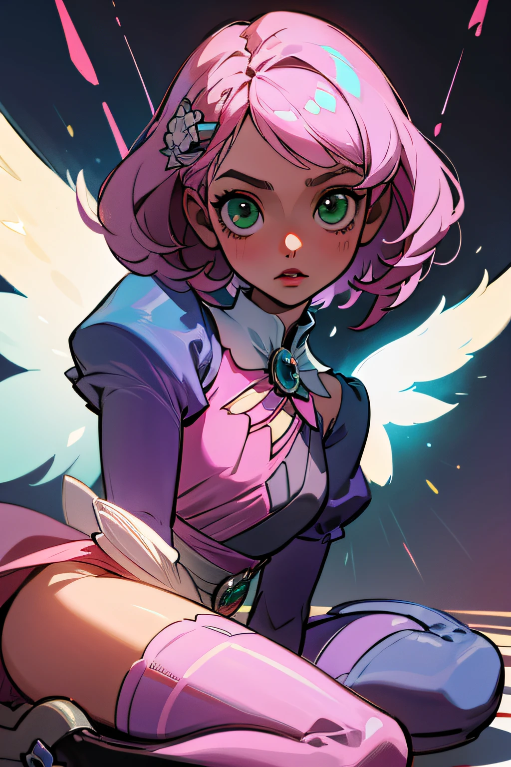 Alisa bosconovitch, melhor qualidade, contemporary, estilo plano, minimalismo, Green Eyes Flat Illustration, cabelo rosa, cabelo curto, cabelos multicoloridos, Camisa Preta, mechanical wings, Head Portrait Close-U, peito pontudo, decote, super decote, middlebreasts, Tekken,cabelo rosa pastel, 1girl, em quimono, hand-painted,Desenho de linha sem cor, colorida do yandere pastel, Tekken, com roupa de empregada,figura esbelta,robusto,He sat on the floor,Vestido com roupas de empregada rosa e branco,cabelos muito curtos,com orelhas de gato,quadratic element,, kawaii cor-de-rosa na roupa da era de 1910, Alisa Bosconovich pink lips, no estilo da paleta de cores suave aurorapunk, an anime illustration of his face, gifs animados, hand drawn animation, charming sketches, suave e brilhante, romantismo nebuloso, Estilo Superflat, fundo branco - ar 1:1 - niji 5 - estilo expressivo --s 50