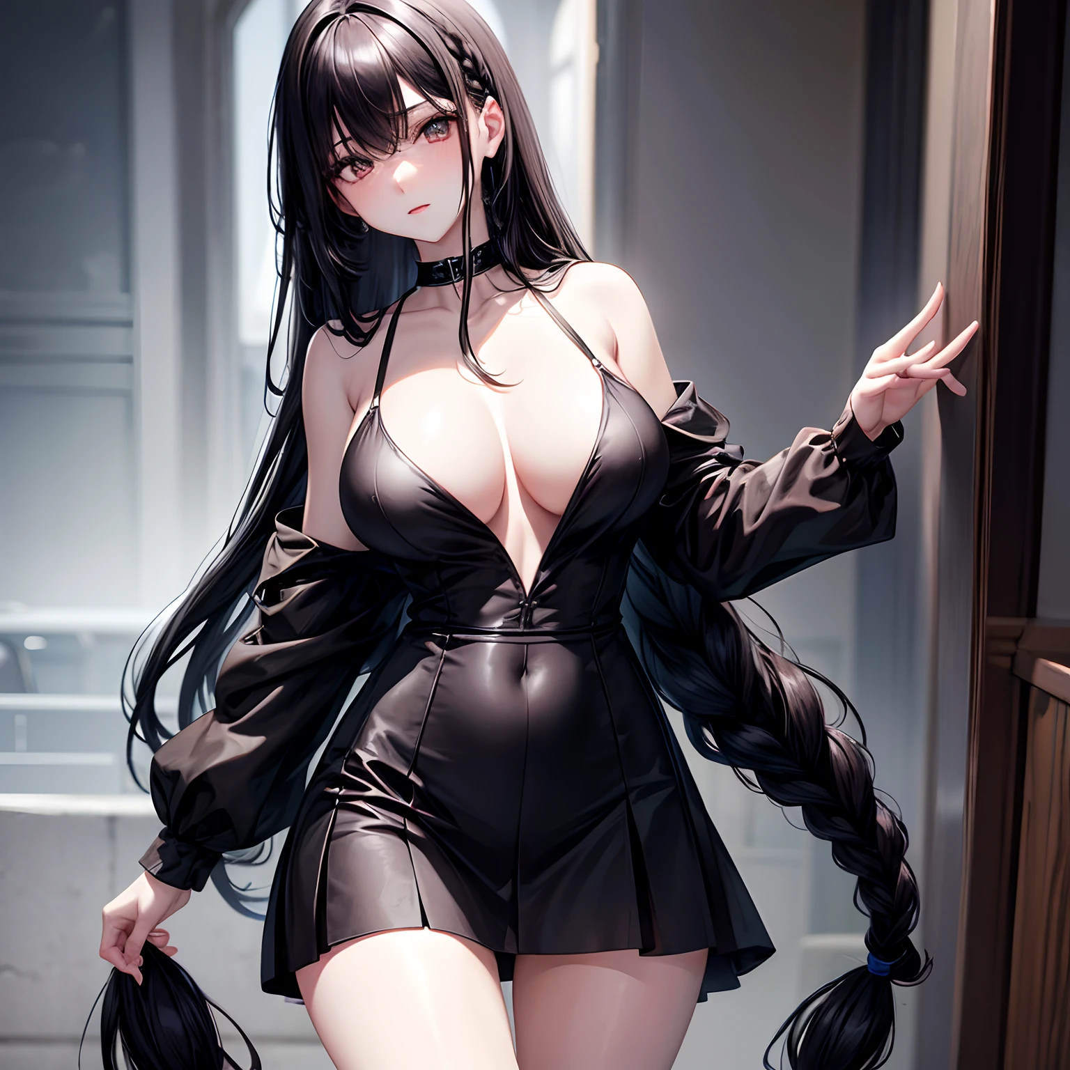 Young woman with pale skin, long black hair in a braid, large breasts, slender body, black minidress with loose skirt.