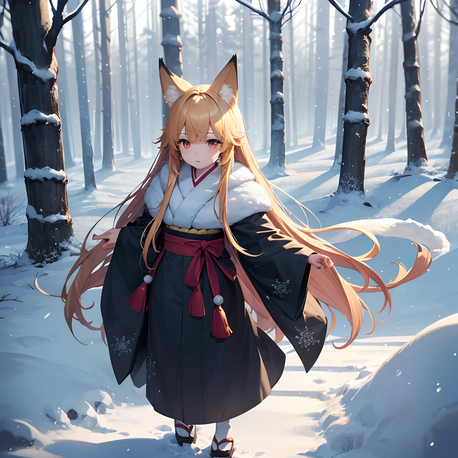 (Golden Fox、Lots of Tails、Golden Eyes、length hair、Golden hair、a large amount of hair、1 girl in、Childish girl、Traditional kimono、Black kimono)a lot of big fox tails、(Golden Eyes、Fox ears、length hair、Golden hair)Beautiful face、a large amount of hair、Thick kimono、Black kimono、Plum floral pattern、Overlapping kimonos、Warm Kimono、Winter Outfit、Warm clothing,snowy forest,Animal footprints,Ultra-detailed,Illustration,Mysterious atmosphere,Majestic tree々,Cold Winter Scene,Snow that has just fallen,diffuse lighting, Clean air,Calm silence,Snowflakes falling silently,A thick layer of snow piled up on the branches of trees,Unmarked animal tracks leading deep into the forest,delicate frost-covered branches,,,Ice crystals sparkling in the sunlight,Whispers of the winter wind,Tranquil and untouched natural beauty,Quiet and serene environment,The sound of footsteps walking quietly on a snowy road,
