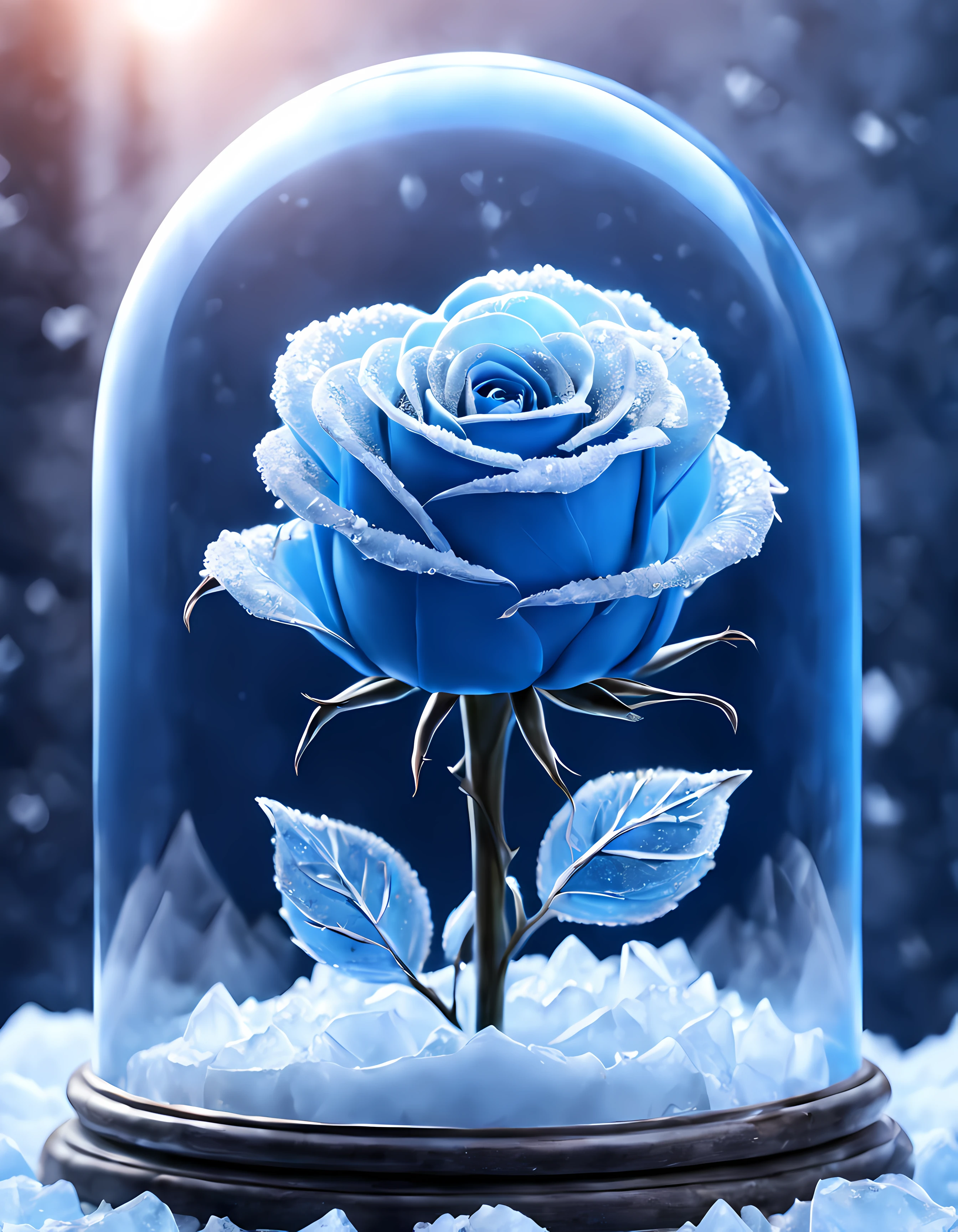 Cute Cartoon,CuteCartoonAF, frozen (((blue delicate rose under a glass dome))) (((rose covered in crystals of ice))), ((((breathtaking romantic background)))), Bloodborne vibes, 4k, masterpiece, ultra high quality,