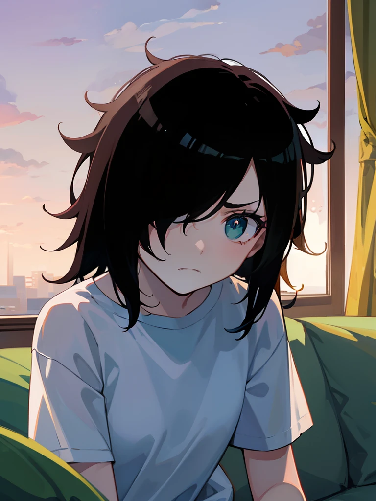 hiquality, tmasterpiece (one girls) frowning face. dark unkempt short hair. white tshirt. Long bangs. One Green Eye. On the background of the window on the sofa.