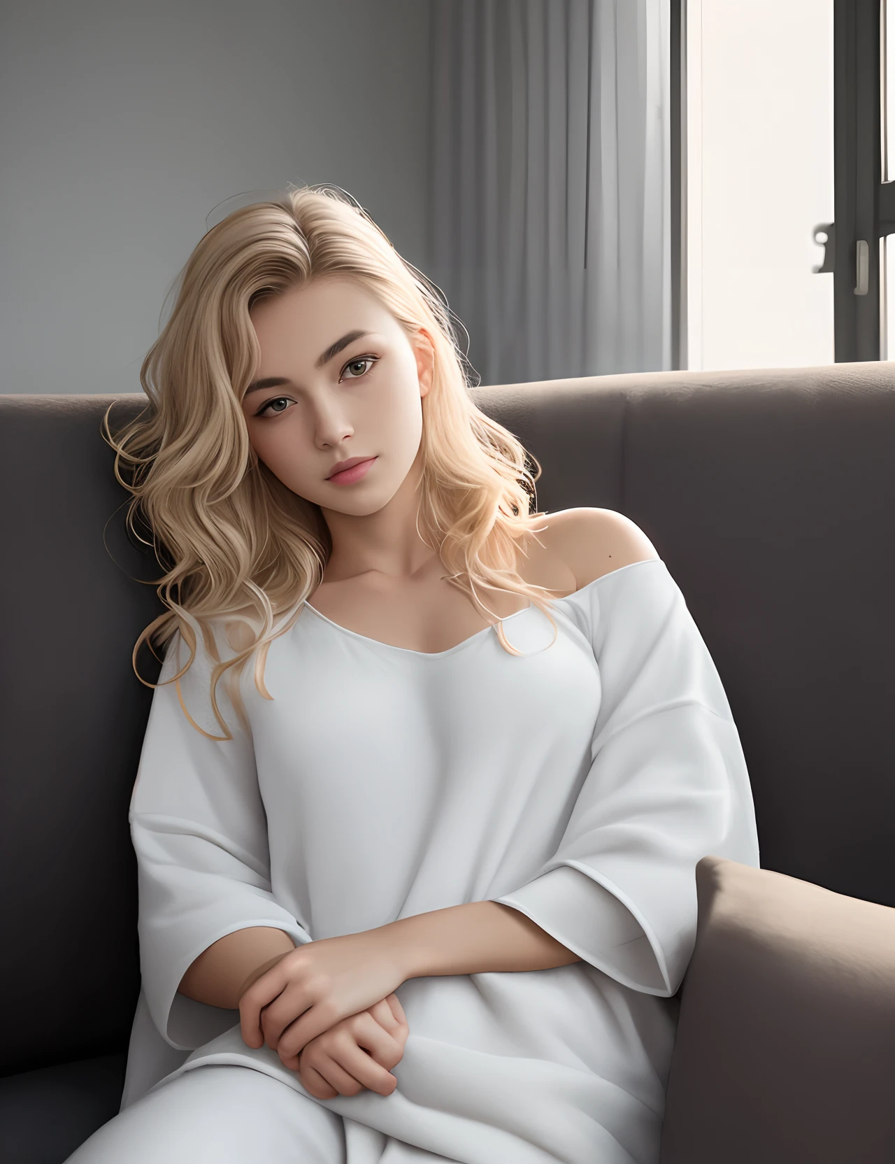 absurdres, RAW photo, highest quality, (masterpiece: 1.3), high detail RAW color photo, professional photo, extremely detailed CG 8k wallpaper unit, photo-realistic, realistic, RAW photo, masterpiece, best quality, highres,
1girl, 19 YEARS old, white, blonde hair, wavy, Average length, unkempt hair, stuck, beautiful body, perfect gorgeous face, beautiful light brown realistic eyes, fair skin, detailed skin texture, very small natural breasts. Serious. Guy who just woke up. Lying on a couch with a blanket. Selfie angle. (Sleepwear, simple design). An ordinary house, small, dark.