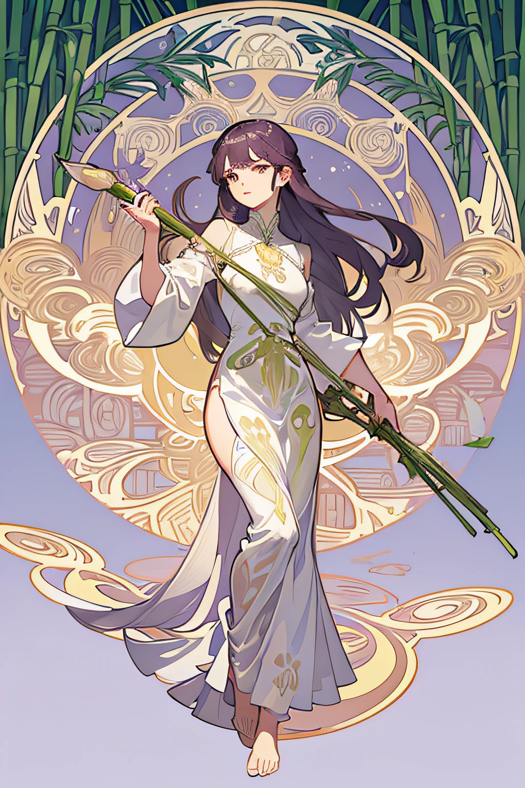 8K.Poster illustration in Alphonse Mucha style, Flat painting, Beautiful western woman in lilac ankle-length long dress, Emmawatoso, holding a bouquet of white water bamboo, Full body like, slenderbody, barefoot,Art Nouveau, water bamboo in the background, Alphonse Mucha, high details