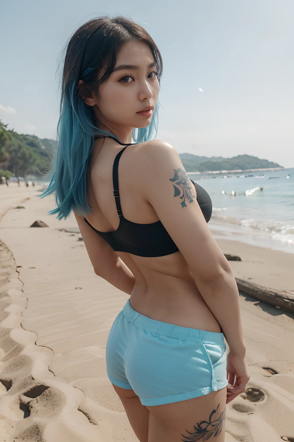 araffe in a black bra top and white shorts in a beach, korean girl, gorgeous young korean woman, back pose, in shorts, cottagecore!! fitness body, toned derriere, thicc, side pose, beautiful south korean woman, booty shorts, 2 4 year old female model, sexy girl wearing shorts, korean woman, lit from behind, heavy makeup, hair ties, slightly open mouth, big eyes, glossy, very pretty face, slender waist, sex pack, light blue hair, tattoo girl