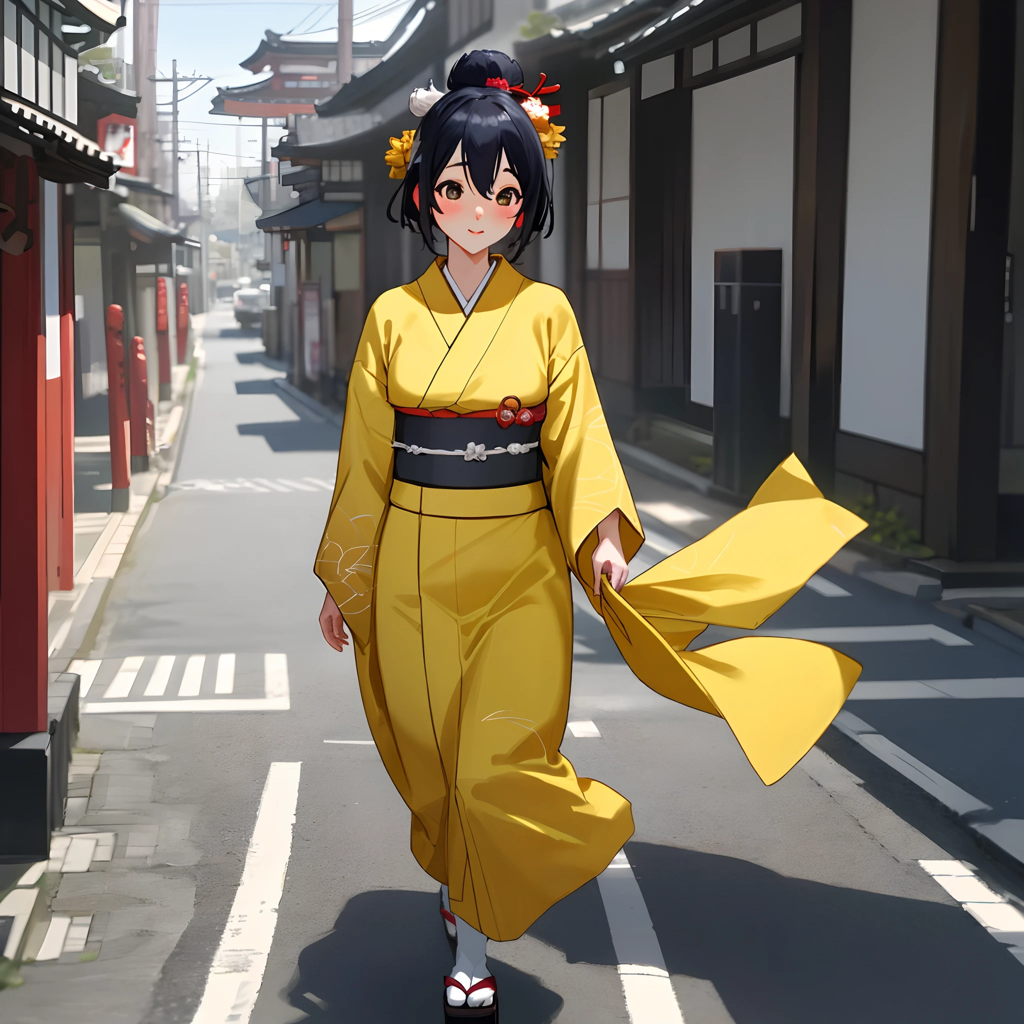 Maiko　full bodyesbian　cute little　yellow kimono　Walking the streets of Kyoto　Super distinct　A hyper-realistic　8k