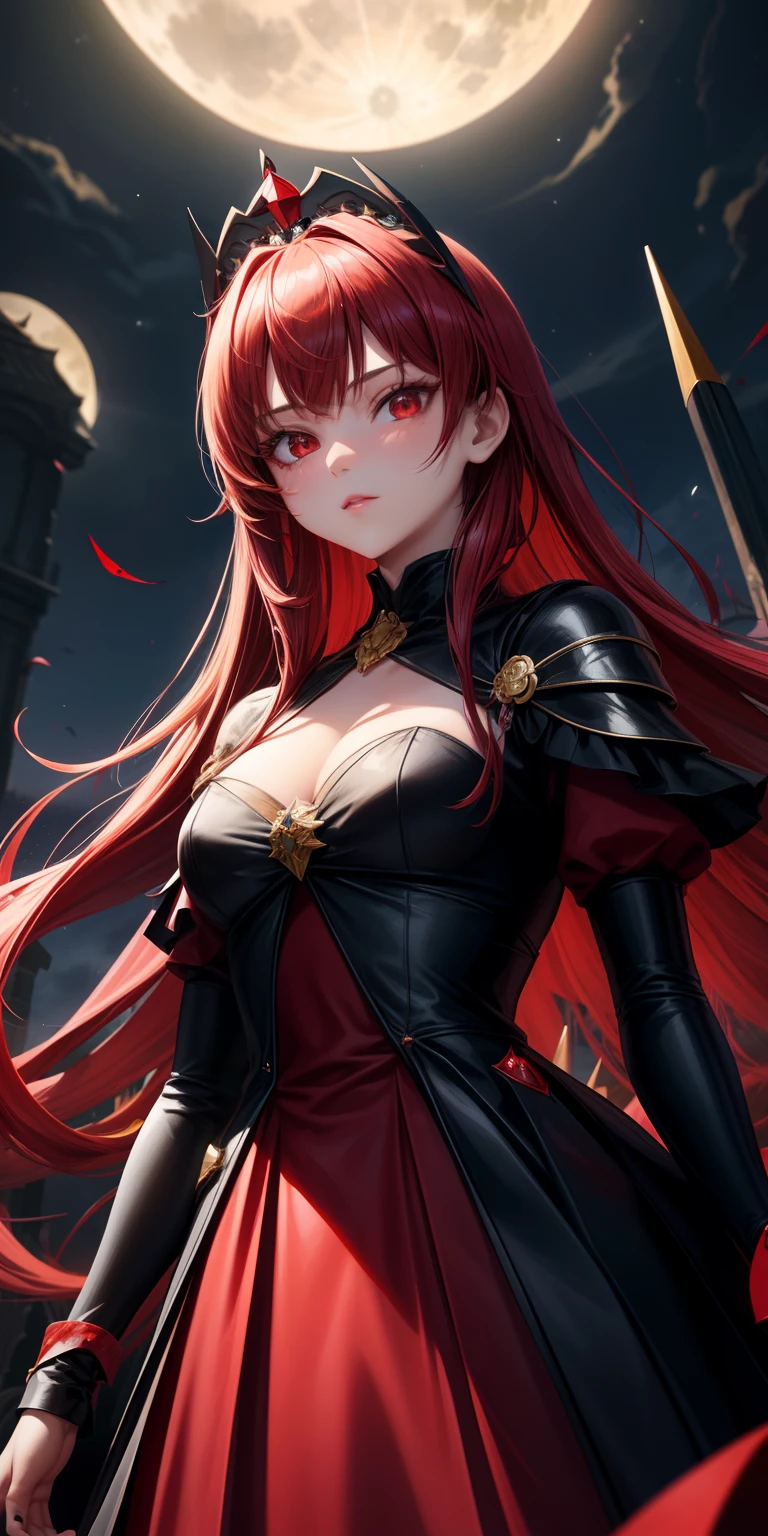 a  girl, red eyes, beautiful, elegant, wearing a black dress under the moonlight, wearing a crown stained with blood