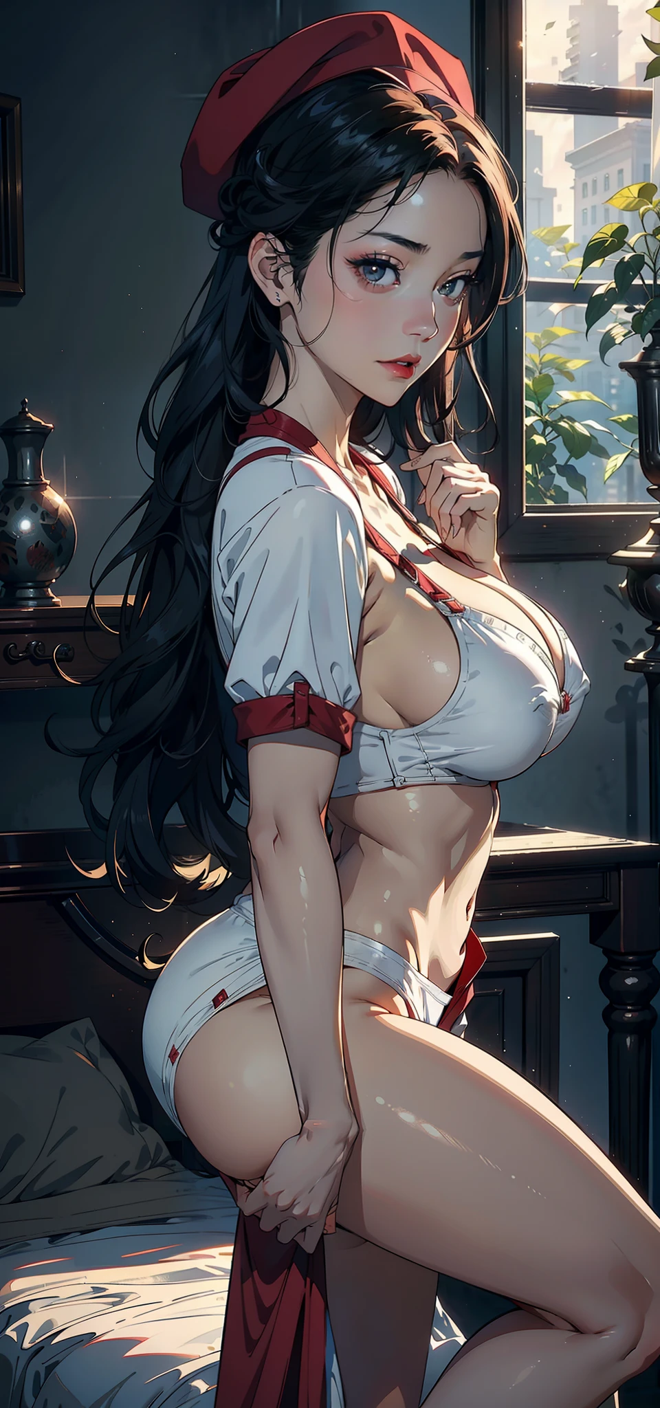 1female，45 yers old，Married Woman，熟妇，mature，plumw，extremely large bosom，Big breasts Thin waist，long leges， 独奏，（Background with：hospitals，surgery room，Medical instruments）Lying on her back in bed，Open your legs， She has long black hair，bobo head，，seen from the front， standing in forest， mostly cloudy sky，（（（tmasterpiece），（Very detailed CG unity 8K wallpaper），best qualtiy，cinmatic lighting，detailed back ground，beatiful detailed eyes，Bright pupils，Black eyes，Snow-whiteskin，Redlip（Very fine and beautiful），（Beautiful and detailed eye description），ultra - detailed，tmasterpiece，））facing at camera，A high resolution，ultra - detailed），laughingly，revealing breasts，Bare genitalia，  Bulge，legs are open，Raised sexy，Camel toes，Flushed complexion，Desire for dissatisfaction，frontage，Victorian style，nurses（Wearing：Nurse hat，Red nurse uniform，）White panties visible、nakeness，A sagging breast