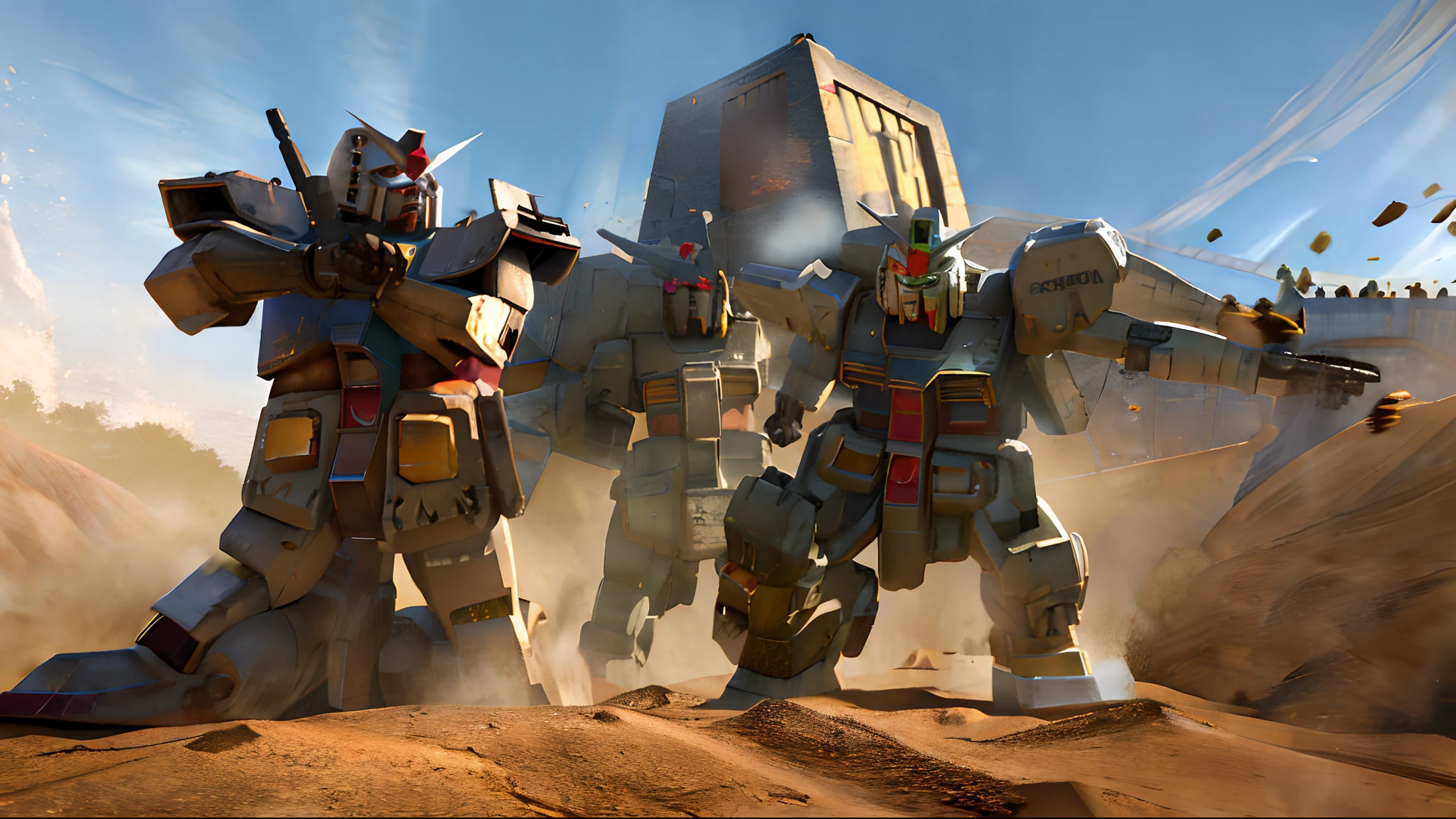 (absurdres, highres, ultra detailed),(Masterpiece, best quality:1.2),1 mecha,dusty armour, battle damaged,white dirty armour, Gundam, realistic lighting, unreal engine 5, absolutely stunning CGI, looking towards viewer, extremely detailed