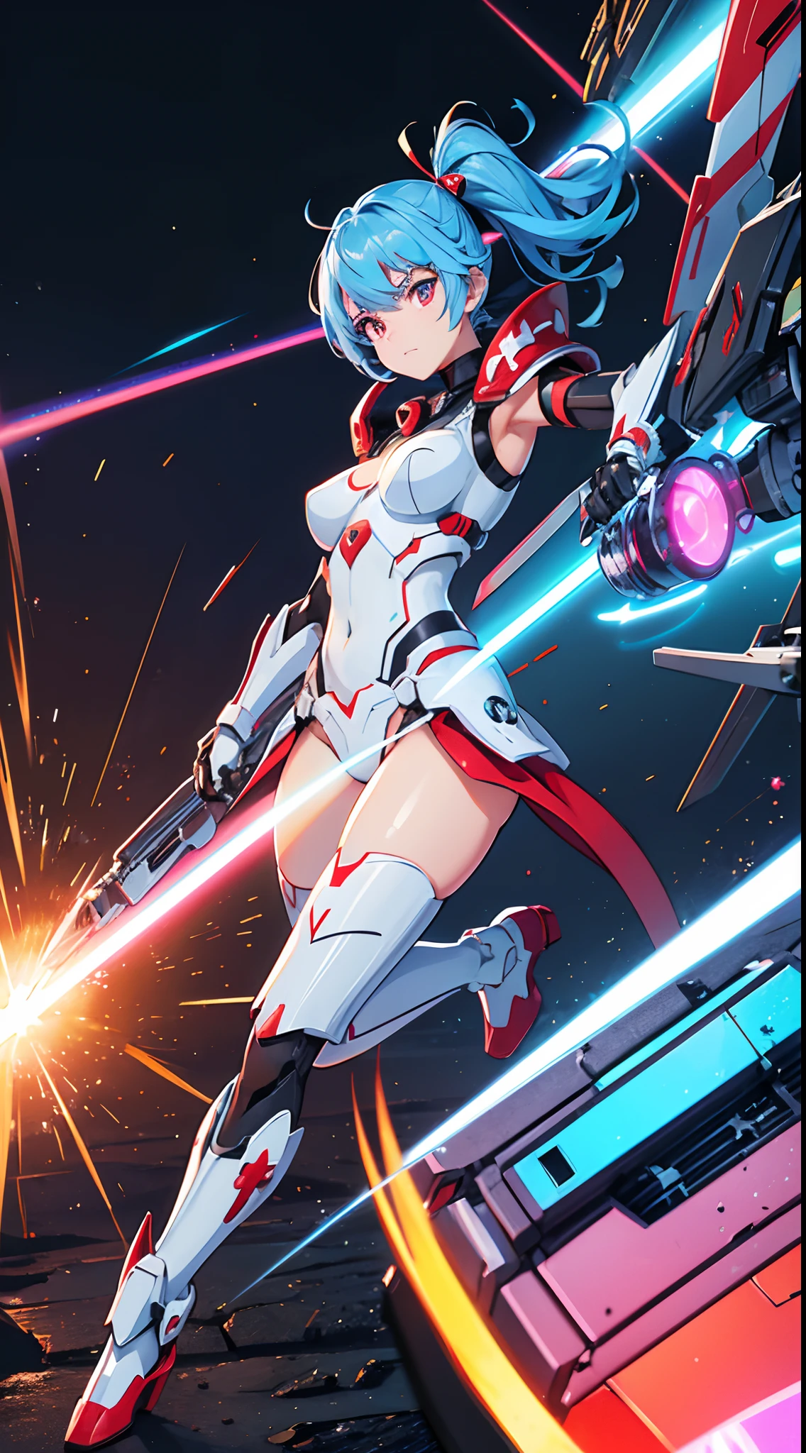 1 supercute girl wear a Red Crossbone Pirate armor, mechanical wing, Space War Background, Rainbow Aura Body, Supernove Power, Light Blue Hair, Red Eye, Perfect Body, Sexy, neon glow, Shooting Beam Cannon, Sad mood, very detailed, Fighting stance, mecha musume, detailed eyes, detailed face, Anime Art, Anime Style, Anime.