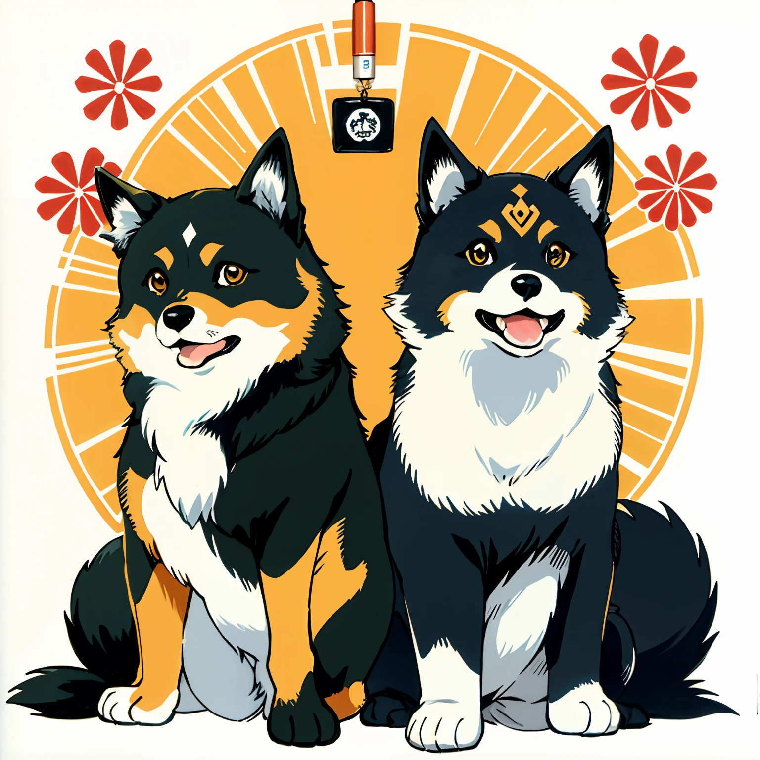 Copic marker illustration in a Japanese manga style of a Shiba Inu, mimicking the pose of a Maneki Neko,