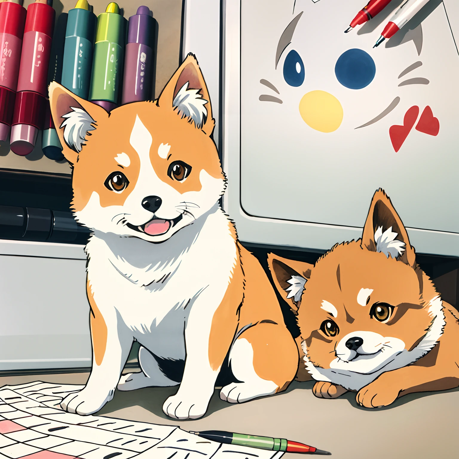 Copic marker illustration in a Japanese manga style of a Shiba Inu, mimicking the pose of a Maneki Neko,