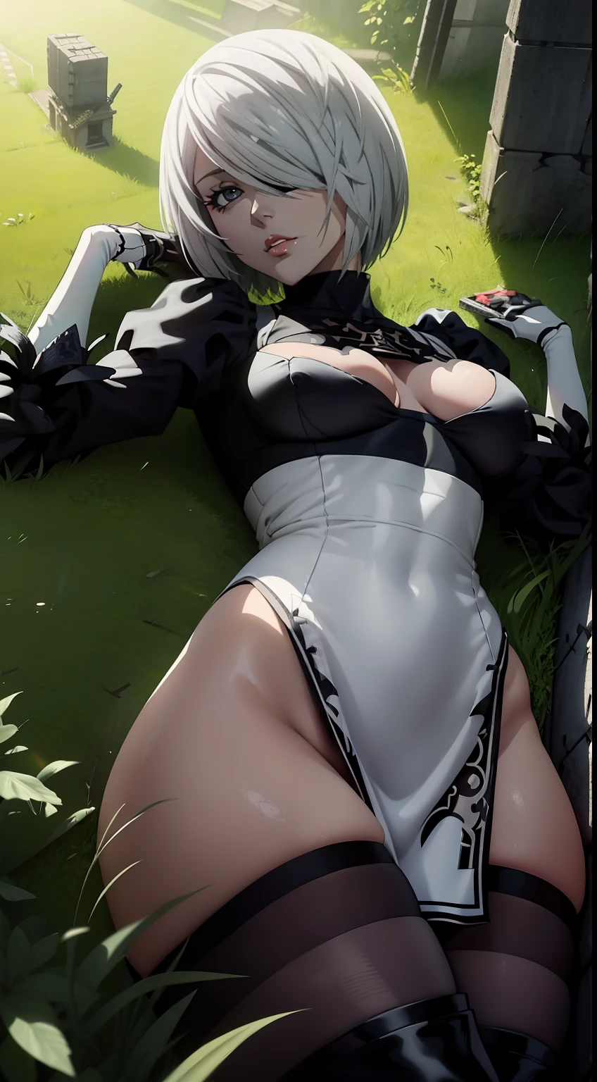 erotica, Panoramic view, Camera from above, on back, lying on his back, Camera from above, Frame from above, lying on the edge of the roof, White Hair Bob, ashy hair, The eyes are covered with a bandage, Cyan eyes, black dress with a short skirt, short black skirt, neckline on the chest, white panty, black stockings, high black boots, high-heeled boots, very extremely beautiful, Slender figure, Full-length(Body Full 1.1),Game nier automata, ruined city, The city, overgrown with plants, Ruins, high detail official illustrations, ((beautiful fantasy girl)),Red Small Breasts, Her breasts are sticking out from under her clothes, BREAK (Master Part: 1.2), Best Quality, High Resolution, photorealestic, photogenic, Unity 8k壁纸, (illustartion: 0.8), (Beautiful detailed bluish-gray eyes: 1.6), extremely detailed face, perfect lighting, extremely detailed CGI , (perfect arms, perfect anatomy), A girl with perfect breasts, beatiful face, master study, intricate details, Detalhes realistas, the anime, (Based on nier automata) the perfect body, Perfect Pointed Breasts, The Perfect Girl, perfect details, Ultra HD |, 8K, Professional photo, 2B Shows Off His Sexy Body,