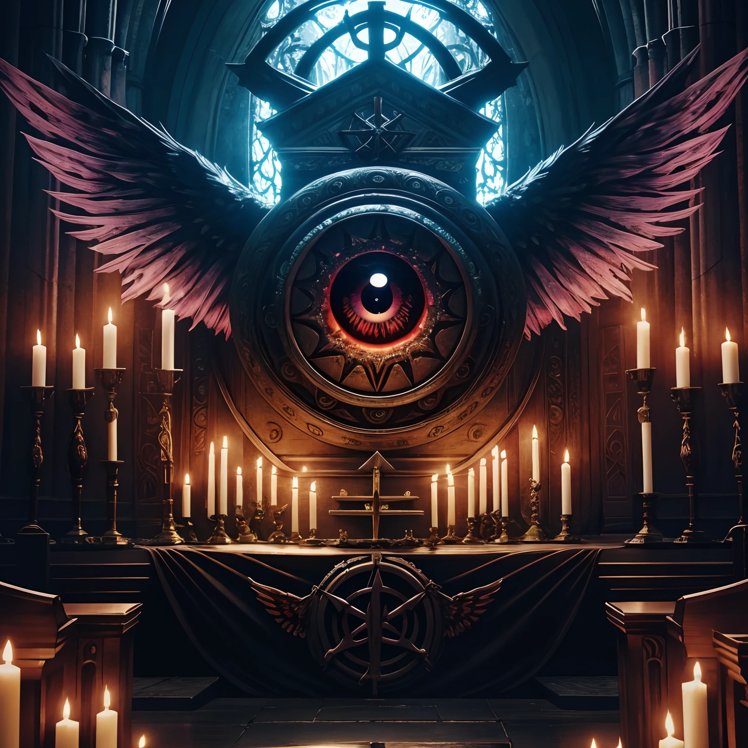 [extremely huge cicada on background, psychedelic color, detailed background : detailed background, 1080P, runes, multiple wings, evil, extremely huge eyeball on center, hyperemia, altar, deepness: 6]