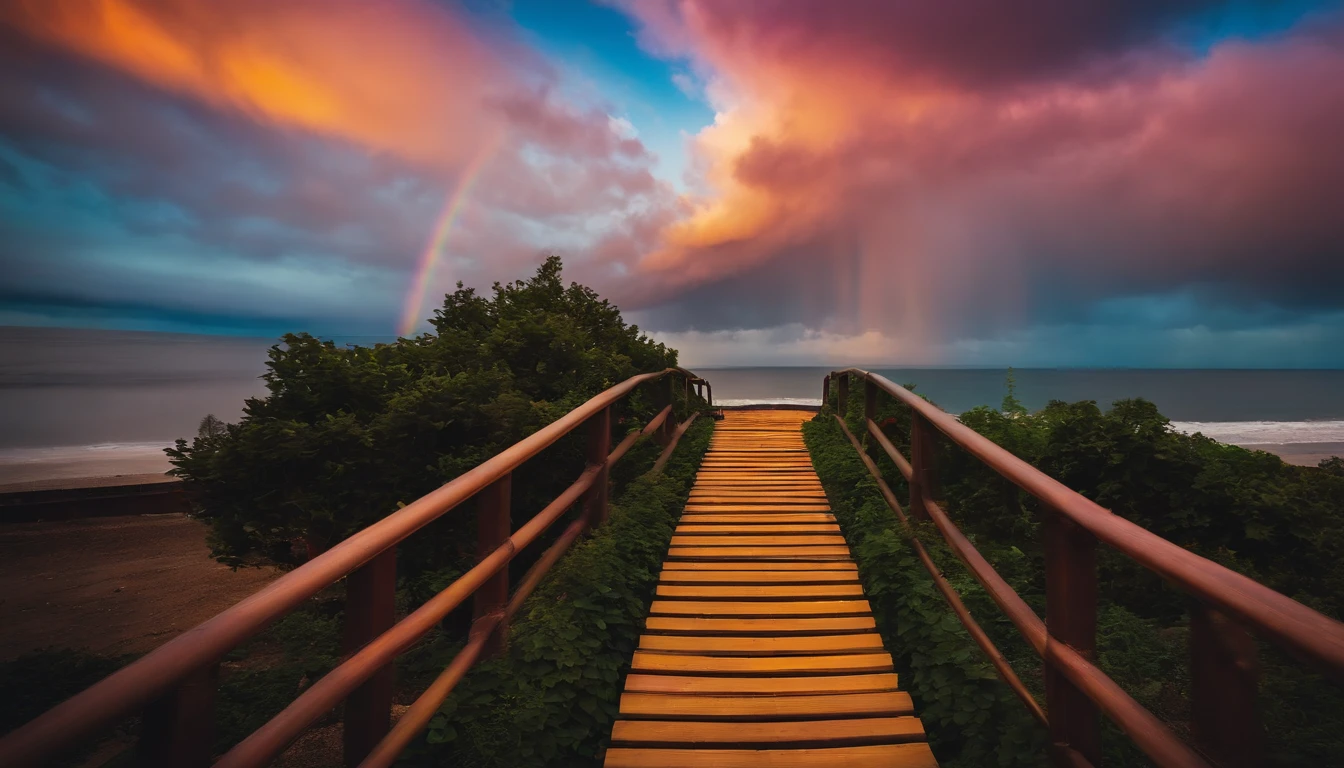 Close-up of the staircase leading to the rainbow sky, stairway to heaven, A very colorful paradise, stairs from hell to heaven, Leads to the sky, Rainbow clouds, The colors of heaven, rainbow trail, Colorful sky, Rainbow clouds, Heaven!!!!!!!!, Rainbow, Rainbow colors, psychedelic sky, in beautiful colors, Irridescent color, Colorful dreams, colorfull sky