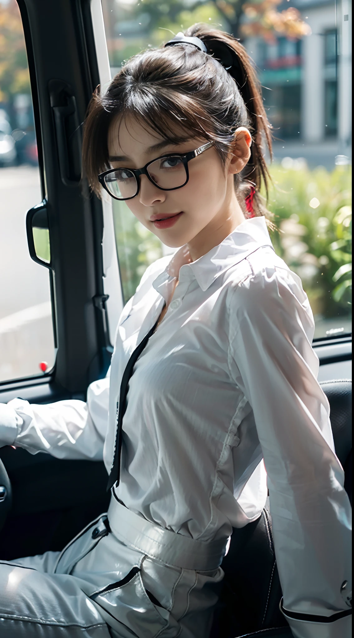 ((Small underboob)), (shoulder length straight short hair:1.1),Upper body, （Extremely meticulous CG 8k wallpaper），（Extremely refined and beautiful），（Masterpiece），（best qualtiy：1.0），（Ultra High Resolution：1.0），beautiful light up，Perfect lightning，realistic shaded，[A high resolution],(Smooth and flawless fair skin:1.5),Extremely exquisite facial details,(perfect body：1.1），ultra - detailed，A beautiful girl,small head,(short ponytail:1.3),glasses,(Small breasts:1.1)，Flat chests，slim，thin，Smile，cheerfulness,(white collared long sleeved shirt:1.4),(black pants:1.3),late autumn，Morning,in a spacious private car,A female driver,sitting in seat of the driver,(Looking at the front window:1.3),(Placing both hands on the steering wheel:1.3),(Honda Steering wheel:1.3),intently driving car,(close-up of face:1.0),from side,late autumn
