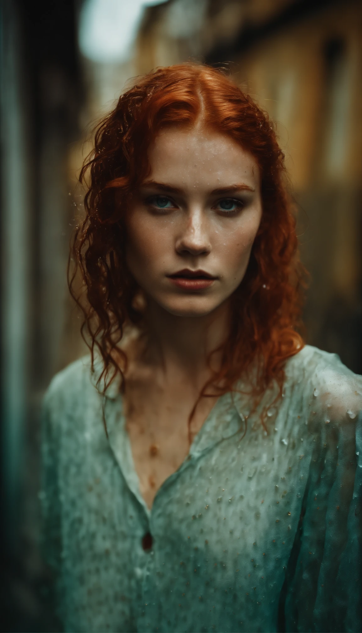 full body, ultra detailed lomography portrait shot of a 20-yo girl with wet ((red hair combed back)), wet skin, slender body, very bold fashion makeup, water drops, extremely detailed skin texture, (vignette:1.5), grainy texture, old photo, (vintage colors:1.5)