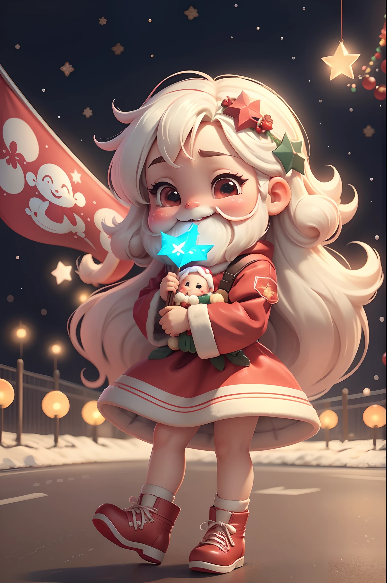 Santa Claus happily carrying presents、Santa is a pretty girl、Chibi Doll、Stars in the eyes(kirakira)、Laugh、Cute red shoes、foco nítido, Ultra Detail, radiant light、bio luminescent、A large flag flutters in the background、Fire Emblem on the flag、Stronger bokeh effect
