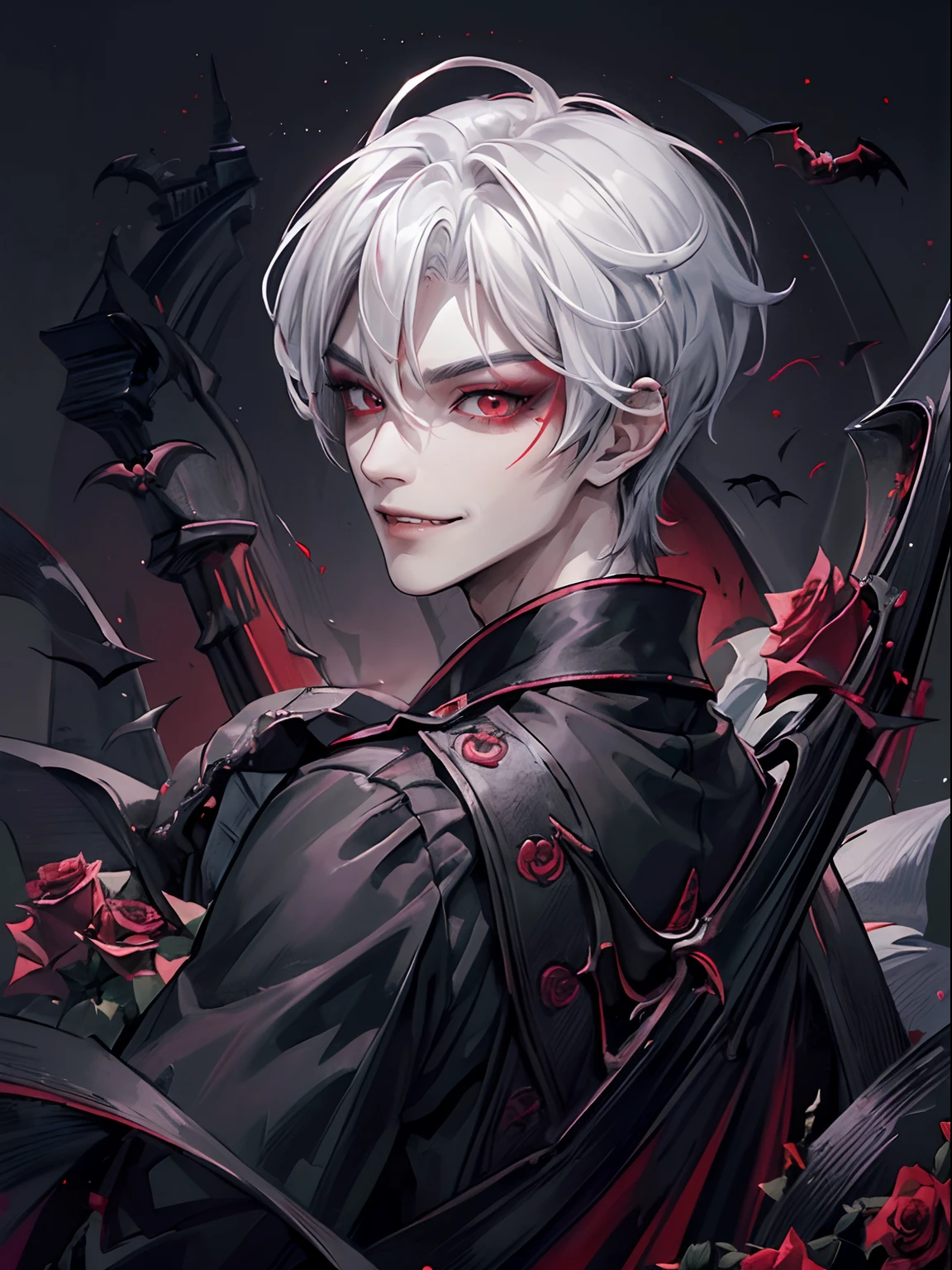 ((4K works))、​masterpiece、（top-quality)、((high-level image quality))、((One beautiful vampire man))、Slim body、((Vampire Black Y-Shirt Fashion))、(Detailed beautiful eyes)、((Red roses and crows on fantastic black background))、Inside the Evil Castle、((Face similar to Chaewon in Ruseraphim))、((short-haired))、(((white  hair)))、((Smaller face))、((Neutral face))、((Red Eyes))、((Korean Male))、((18year old))、((wild boy))、((Show your teeth and smile))、((Korean makeup with black eyeshadow))、((elongated and sharp eyes))、(((Shot alone)))、((Vampires))、Vampire Photos、Villain、Dark Proof、((Shot diagonally from the side))、Vampire Pose