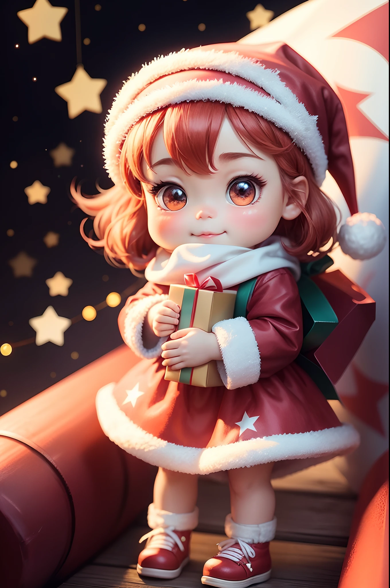 Santa Claus happily carrying presents、Santa is a pretty girl、Chibi Doll、Stars in the eyes(kirakira)、Laugh、Cute red shoes、foco nítido, Ultra Detail, radiant light、bio luminescent、A large flag flutters in the background、Fire Emblem on the flag、Stronger bokeh effect