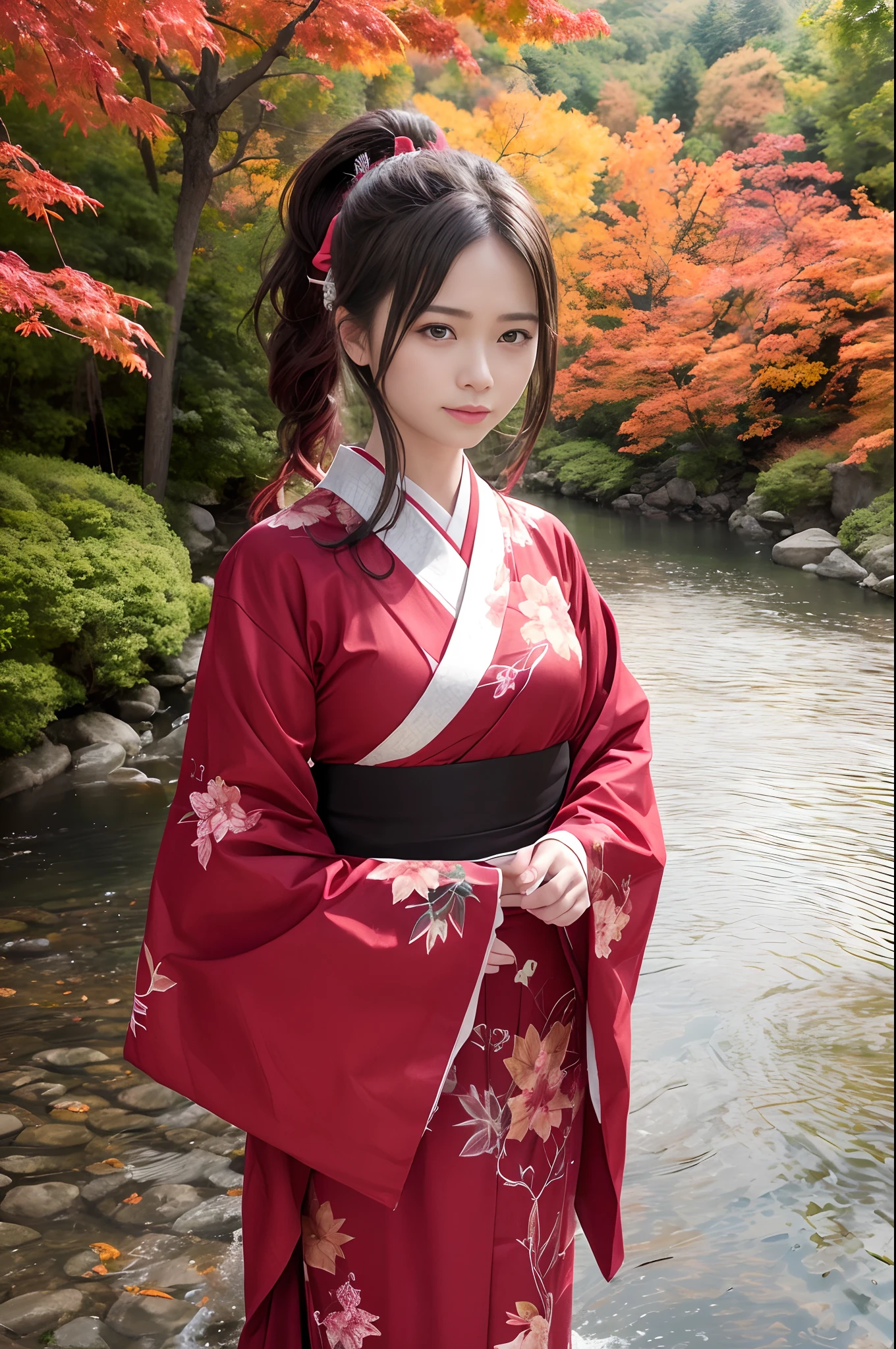 (Raw photo:1.2), (Photorealistic), Beautiful detailed girl, Very detailed eyes and face, Beautiful detailed eyes, Huge file size, High resolution, Very detailed, Best Quality, [masutepiece:1.6], Illustration, Very detailed, Fine detail, Best Quality, 8K Wallpaper, Movie Lighting, 18-year-old Japan female singer, wearing Japanese kimono, Ponytail, Beautiful face, Maple tree, Togetsu Gorge Bridge, Vividly dyed in crimson,Dyed crimson, Guided by the day we wanted, Pray to the flow of the river, I've been thinking about you, I've been thinking about you, Always, My heart is by your side.