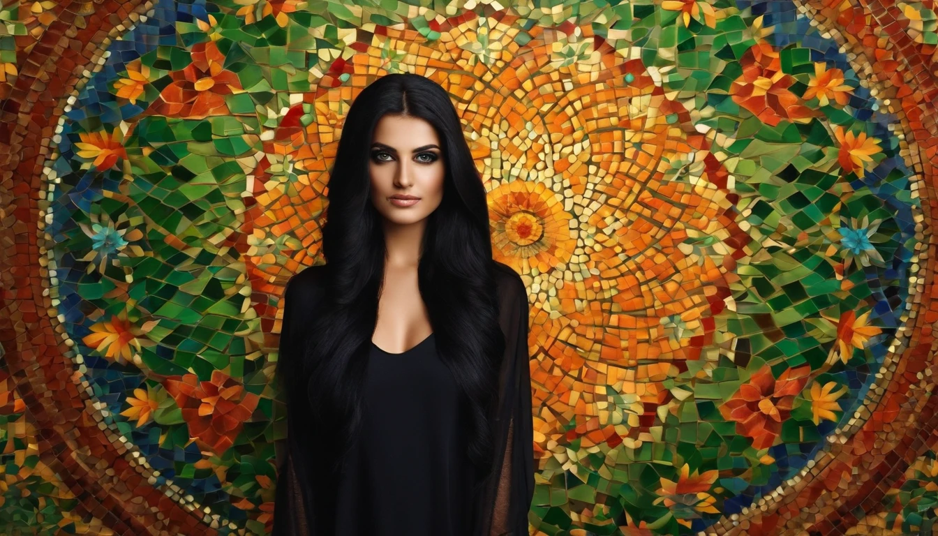 A stunning Iranian girl with piercing green eyes and long, flowing black hair, standing in front of a vibrant mosaic wall.
